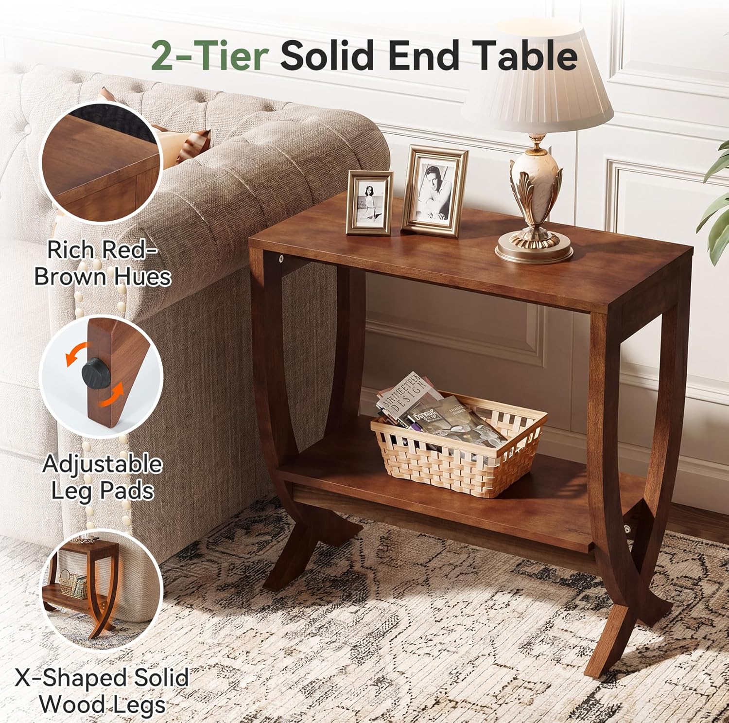 Solid End Table, 2-Tier Couch Side Table with Arched Legs for Small Space, Living Room, Easy Assembly, Rustic Walnut