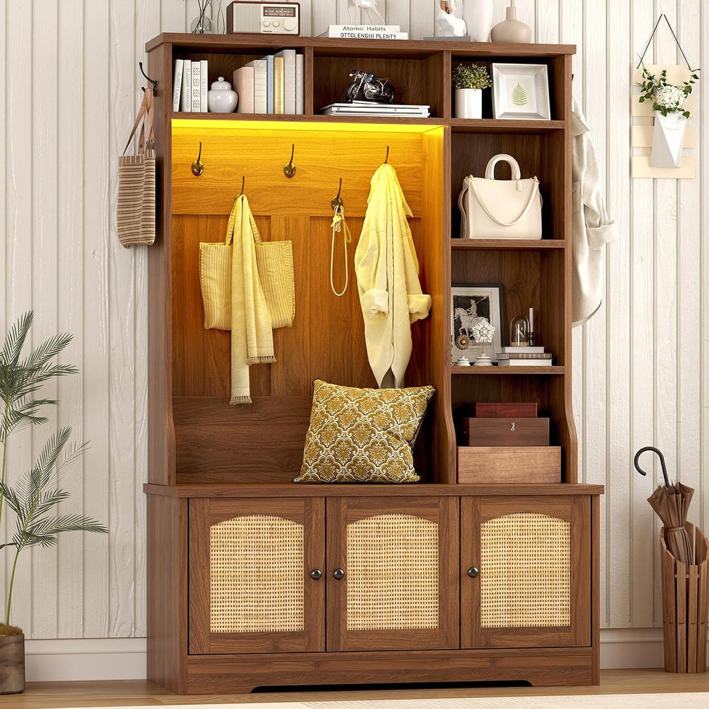 Hall Tree with Bench and Shoe Storage, Rattn Entryway Bench with Coat Rack | 39.4 inch Hall Tree with LED Lights & 6 Storage Cubbies, 7 Coat Hooks, 5-in-1 Shoe Cabinet with Rattan Doors for Small Space