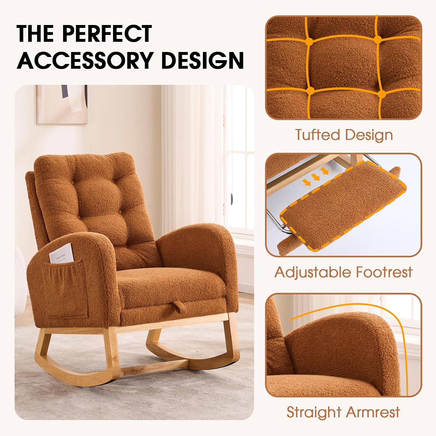 NIOIIKIT Modern Nursery Rocking Chair with Footrest, Teddy Upholstered Recliner Glider Chair with Diamond Shape Back, Tufted Rocking Chair with Side Pocket, Cozy Rocker Reading Chair (Brown)