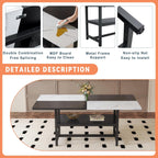 71" Dinner Table Set for 6, Modern Dining Table Set for 6, Black and White Splicing Tabletop with Storage Shelf, White Faux Marble Dining Table and 6 Black Upholstered Chairs for Kitchen, Dining Room