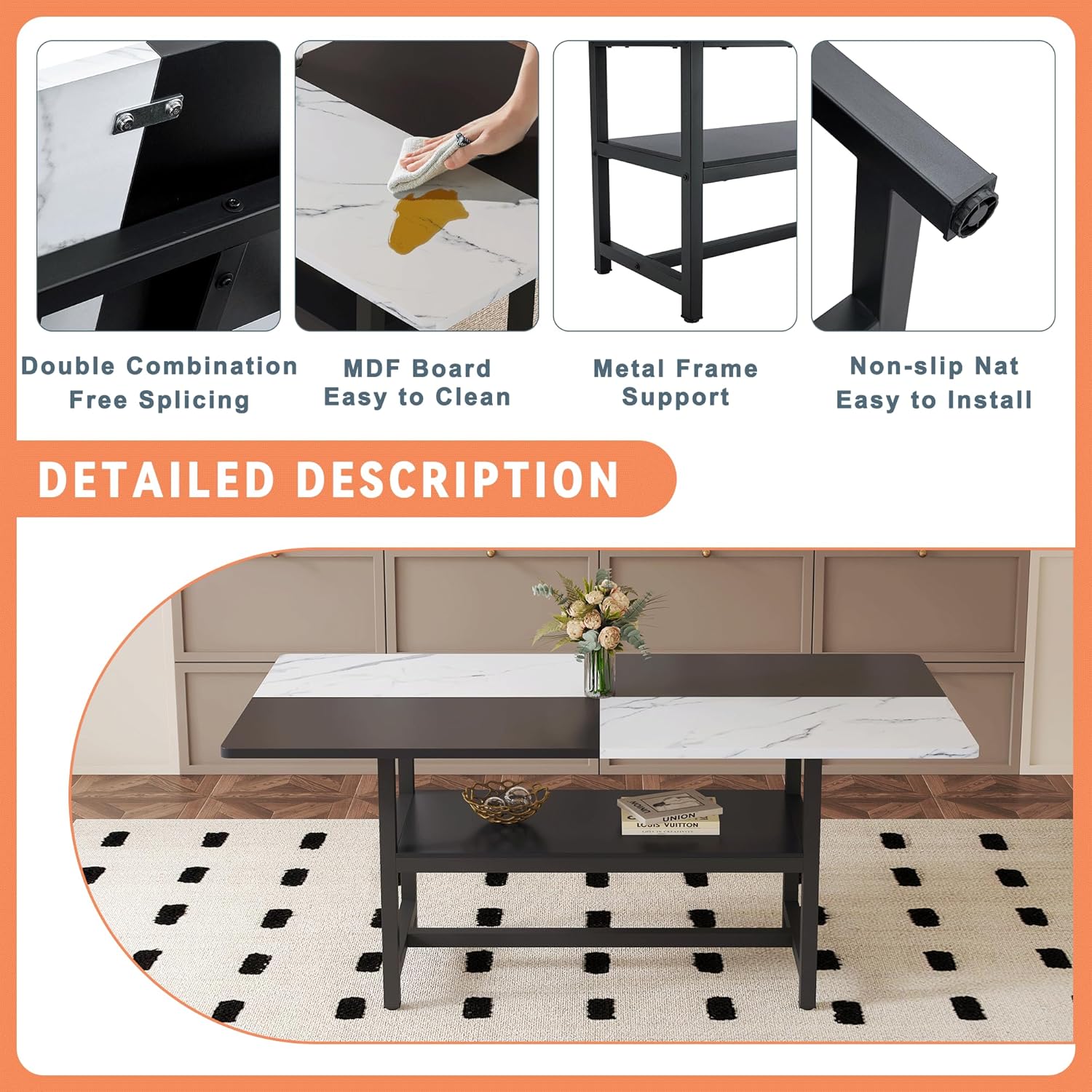 71" Dinner Table Set for 6, Modern Dining Table Set for 6, Black and White Splicing Tabletop with Storage Shelf, White Faux Marble Dining Table and 6 Black Upholstered Chairs for Kitchen, Dining Room