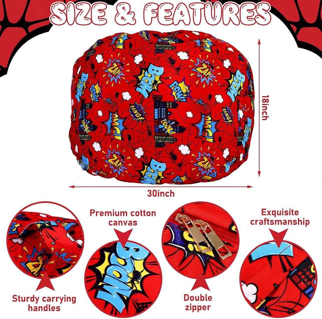 Boao 30'' Large Spider Kids Bean Bag Chairs Cover (No Filling) Washable Stuffed Animal Storage Beanbag Chair for Kids Canvas Bean Bag Cover with Zipper for Boys Organizing Plush Toys Textile Sack
