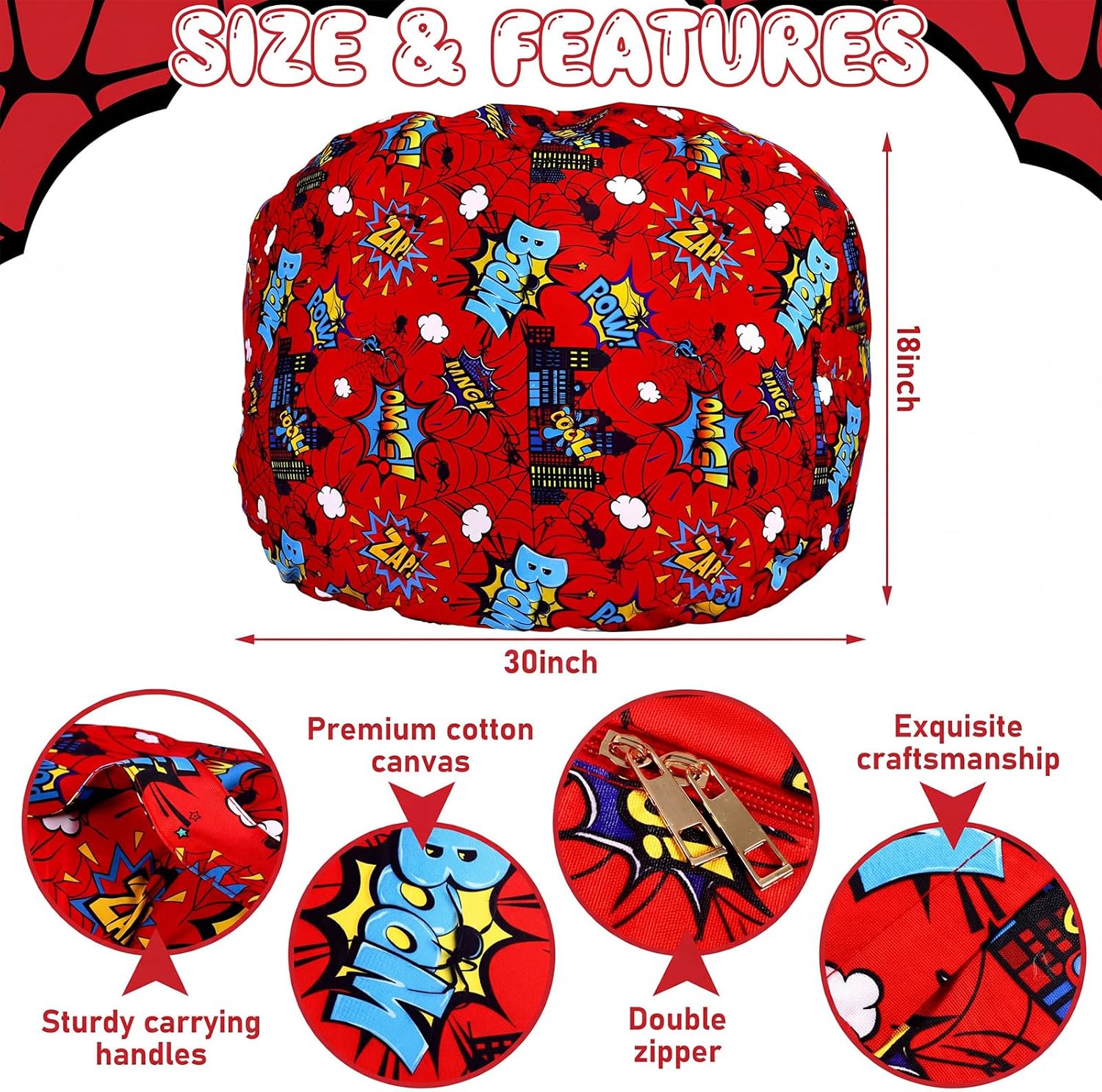 Boao 30'' Large Spider Kids Bean Bag Chairs Cover (No Filling) Washable Stuffed Animal Storage Beanbag Chair for Kids Canvas Bean Bag Cover with Zipper for Boys Organizing Plush Toys Textile Sack