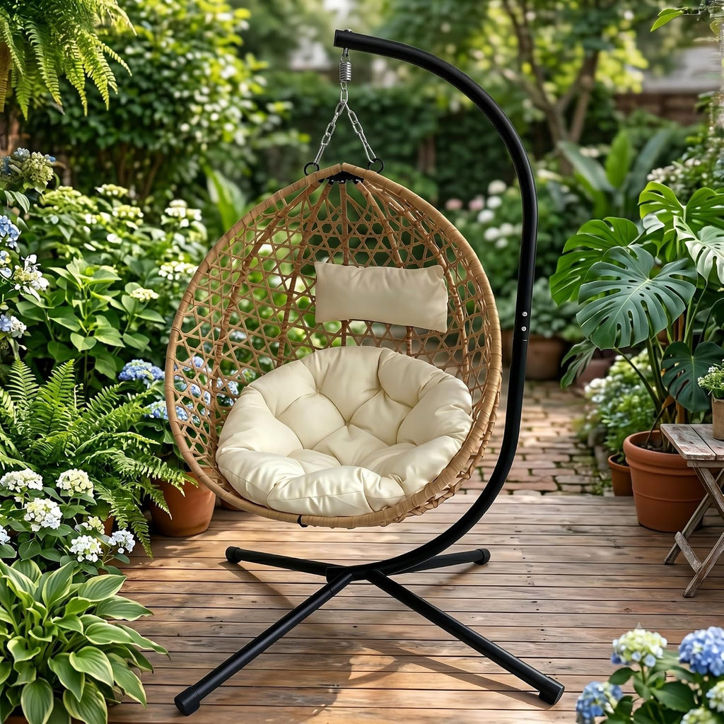 Foldable Hanging Egg Chair with Stand, 350 Lbs Capacity HDPE Rattan Swing Chair with Cushion for Indoor Outdoor Patio Bedroom Balcony(Beige+Yellow)