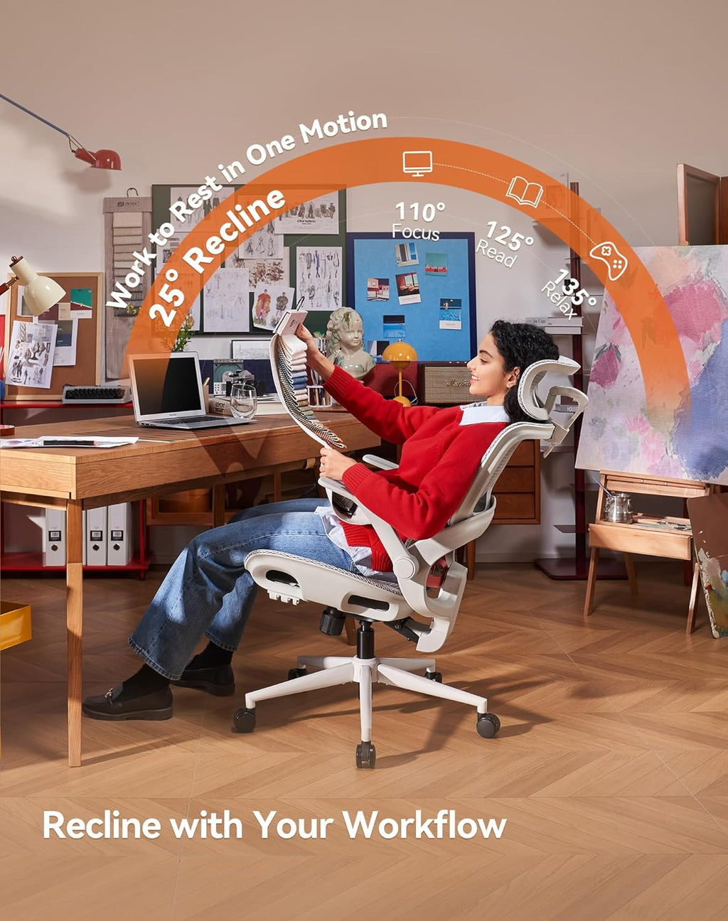 SIHOO B100 Office Chair, Ergonomic Office Chair Without Footrest, Computer Chair with Wide Headrest & Adaptive Lumbar Support, Flip-up Armrests, Swivel Desk Chair for Long Hours, Grey