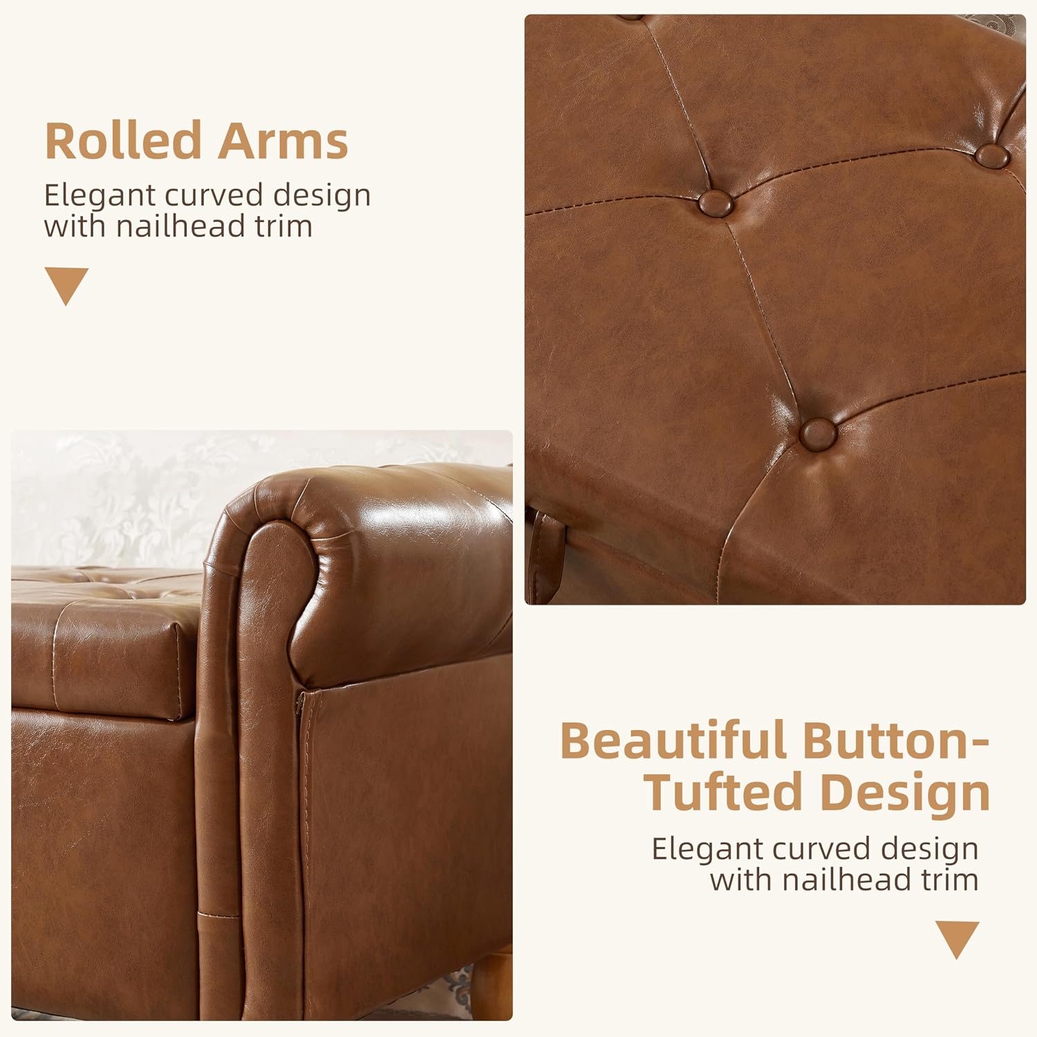 Storage Ottoman Bench, 50" Modern Upholstered End of Bed Bench, Faux Leather Rolled Armed Button-Tufted Ottoman with Storage for Living Room, Entryway, Window, Brown