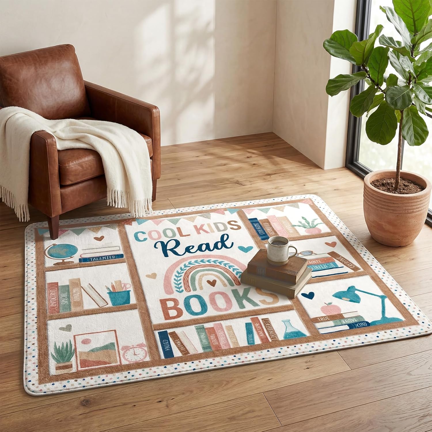 3.3 x 3.9 ft Boho Classroom Rug Library Reading Rug Calming Corner Mat Bookshelf Mental Health Area Washable Non Slip Soft Fluffy Carpet for School Bedroom Living Room Playroom