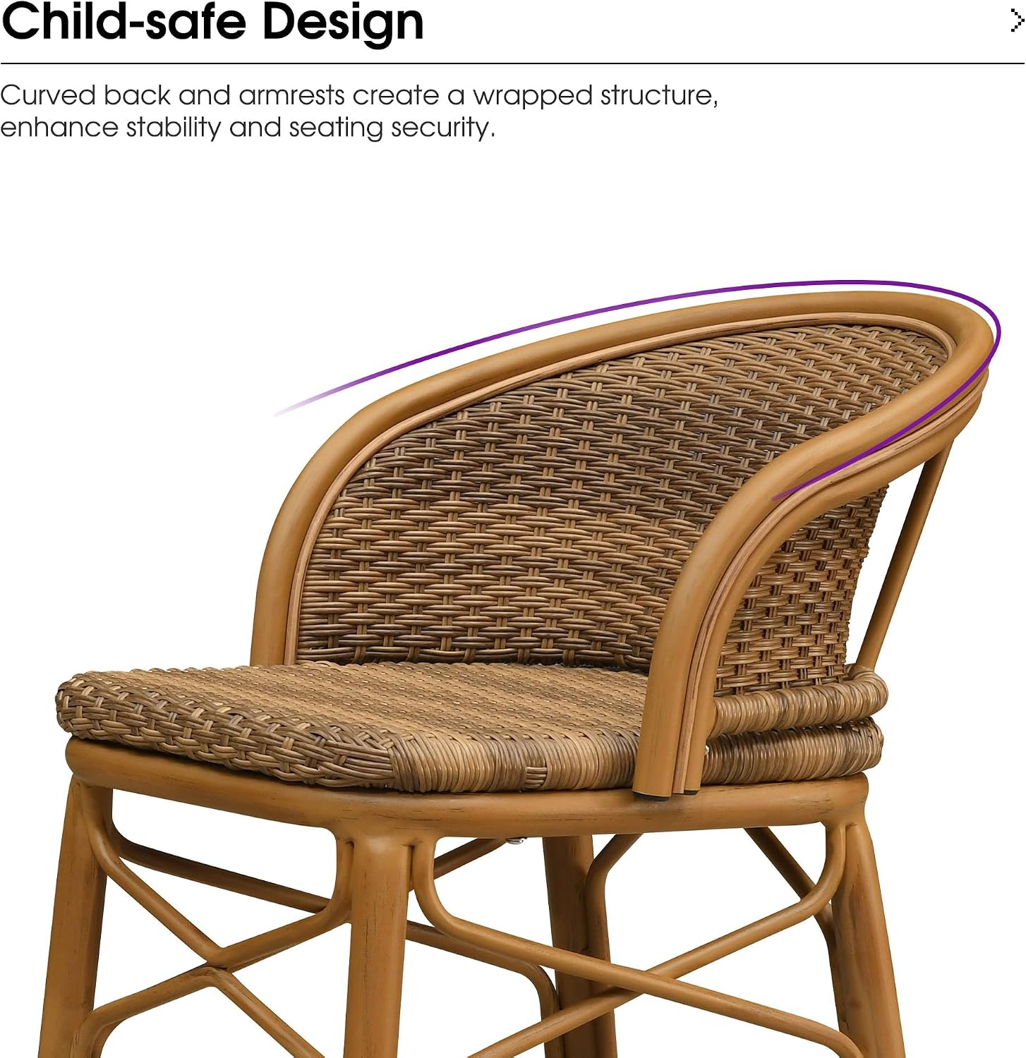 PURPLE LEAF Outdoor Counter Height Bar Stool Set of 2 Rattan Wicker with Back and Armrests Aluminum Frame Bamboo Finish Patio Barstools for Kitchen Poolside Dining Bistros Cafe Restaurant, Brown