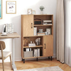 Giantex 47-Inches Storage Cabinet with Doors, Open Shelves, Anti-Tipping Device, 4-Tier Bookcase for Books & Photos, Tall Cupboard, Floor Cabinet for Living Room, Kitchen Buffet Sideboard (Natural)
