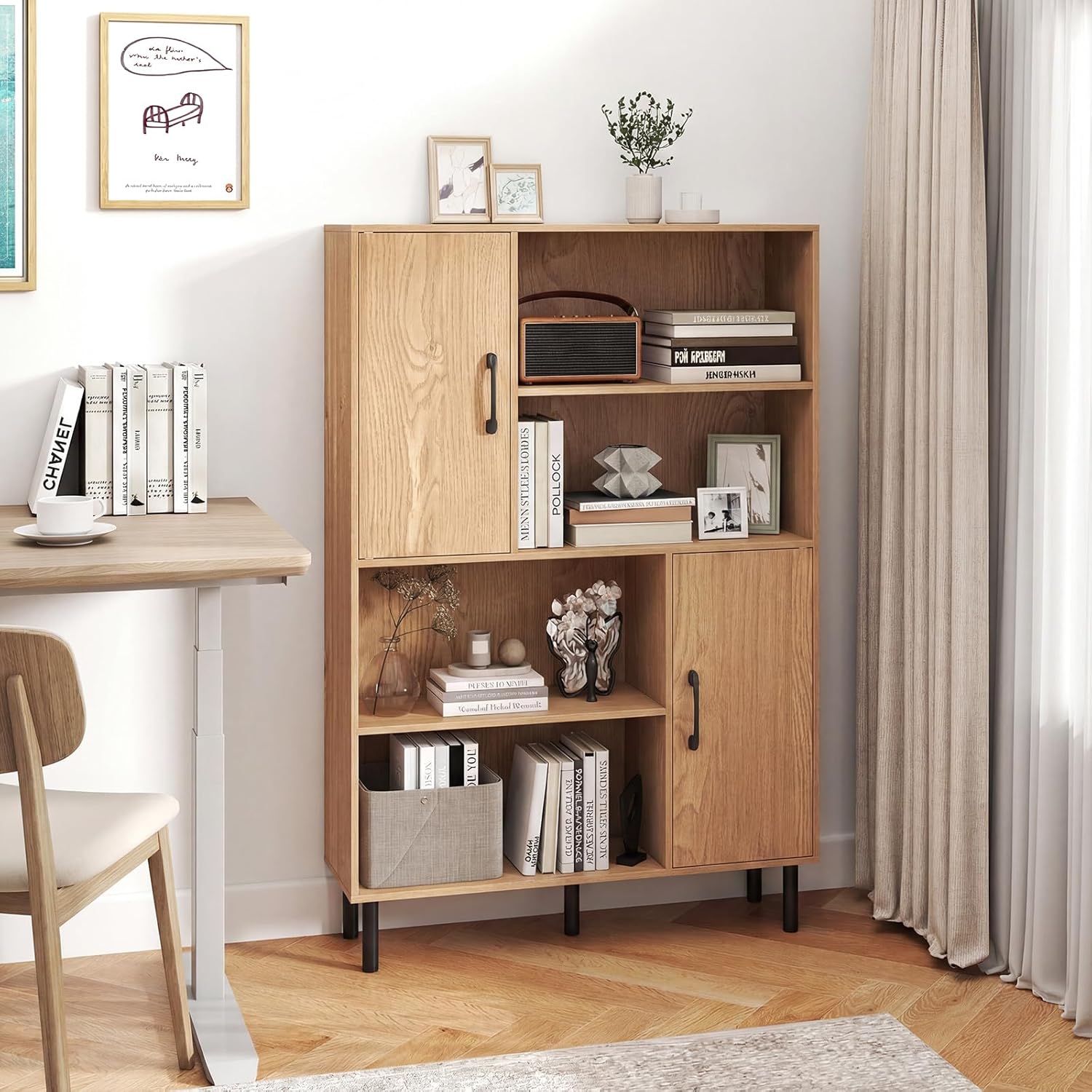Giantex 47-Inches Storage Cabinet with Doors, Open Shelves, Anti-Tipping Device, 4-Tier Bookcase for Books & Photos, Tall Cupboard, Floor Cabinet for Living Room, Kitchen Buffet Sideboard (Natural)