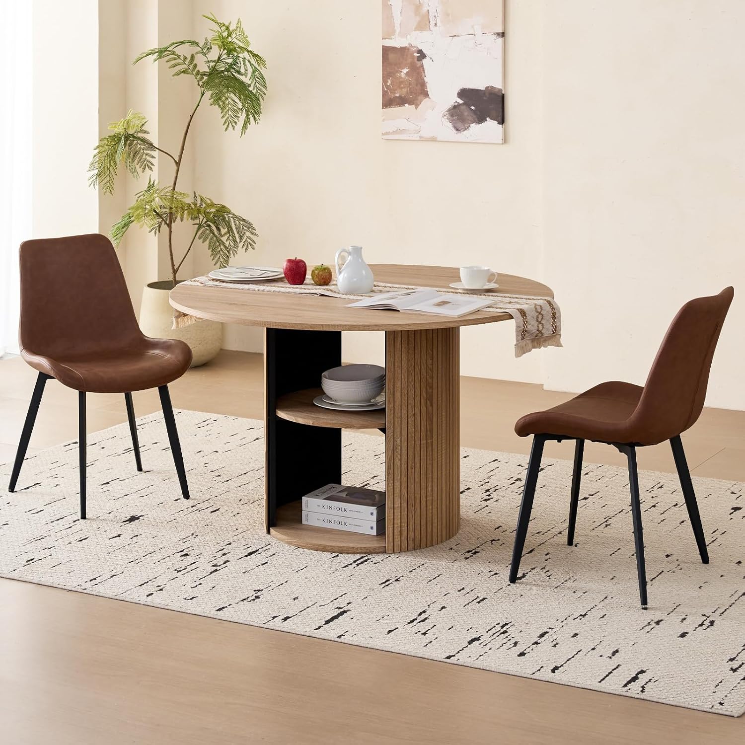47" Round Dining Table for 4, with Shelf Storage Modern Pedestal Circle Kitchen Table for Dining Living Room Home, Natural