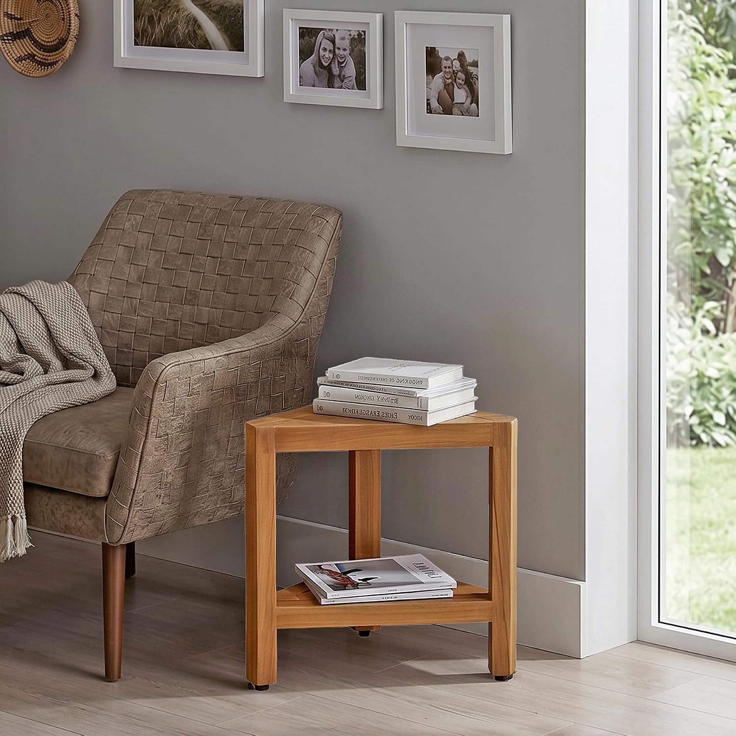 Asta Bora Solid Teak Indoor Outdoor Shower/Bath/Spa Corner Stool with Shelf, Fully Assembled, SpaTeak Collection, TB-009