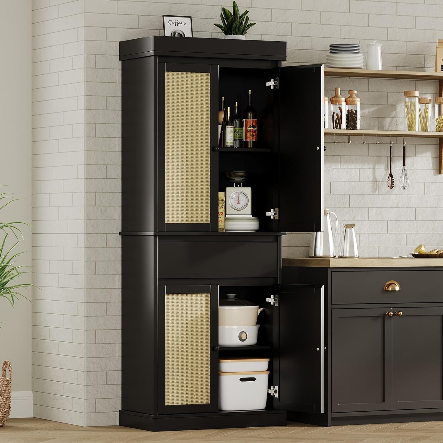 CABIHOME 35.43×16.54×9.45 Inch Entryway Storage Cabinet, MDF+PB+Iron with Rattan Doors & Adjustable Shelves, Freestanding Pantry for Living Room