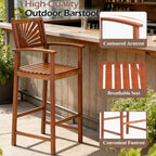 COSTWAY Outdoor Bar Chairs Set of 2, 29'' Tall Acacia Wood Barstools with Back Support, Armrest and Footrest, Patio High Top Chairs for Backyard, Poolside, Deck, Garden