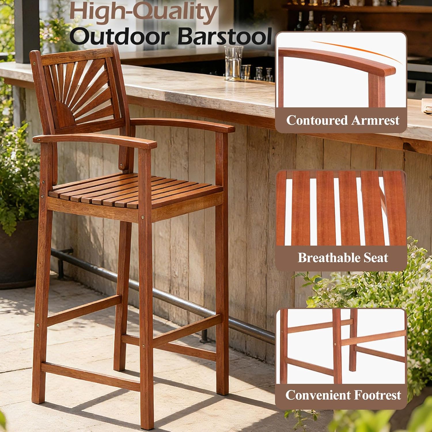 COSTWAY Outdoor Bar Chairs Set of 2, 29'' Tall Acacia Wood Barstools with Back Support, Armrest and Footrest, Patio High Top Chairs for Backyard, Poolside, Deck, Garden