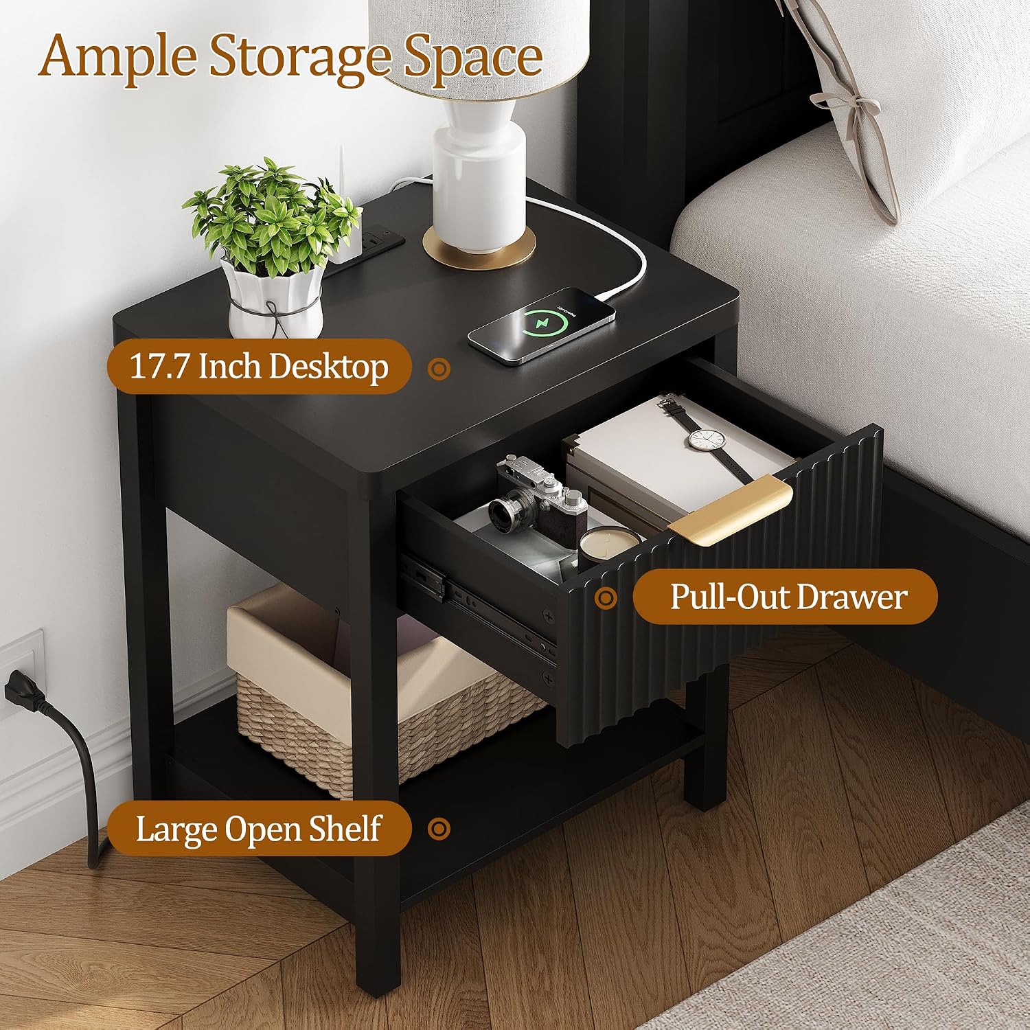 Fultyle Night Stand with Drawer, Mid Century Nightstand with Storage, Modern Fluted Bedside Table Bedroom Living Room for Small Space, Office, Black