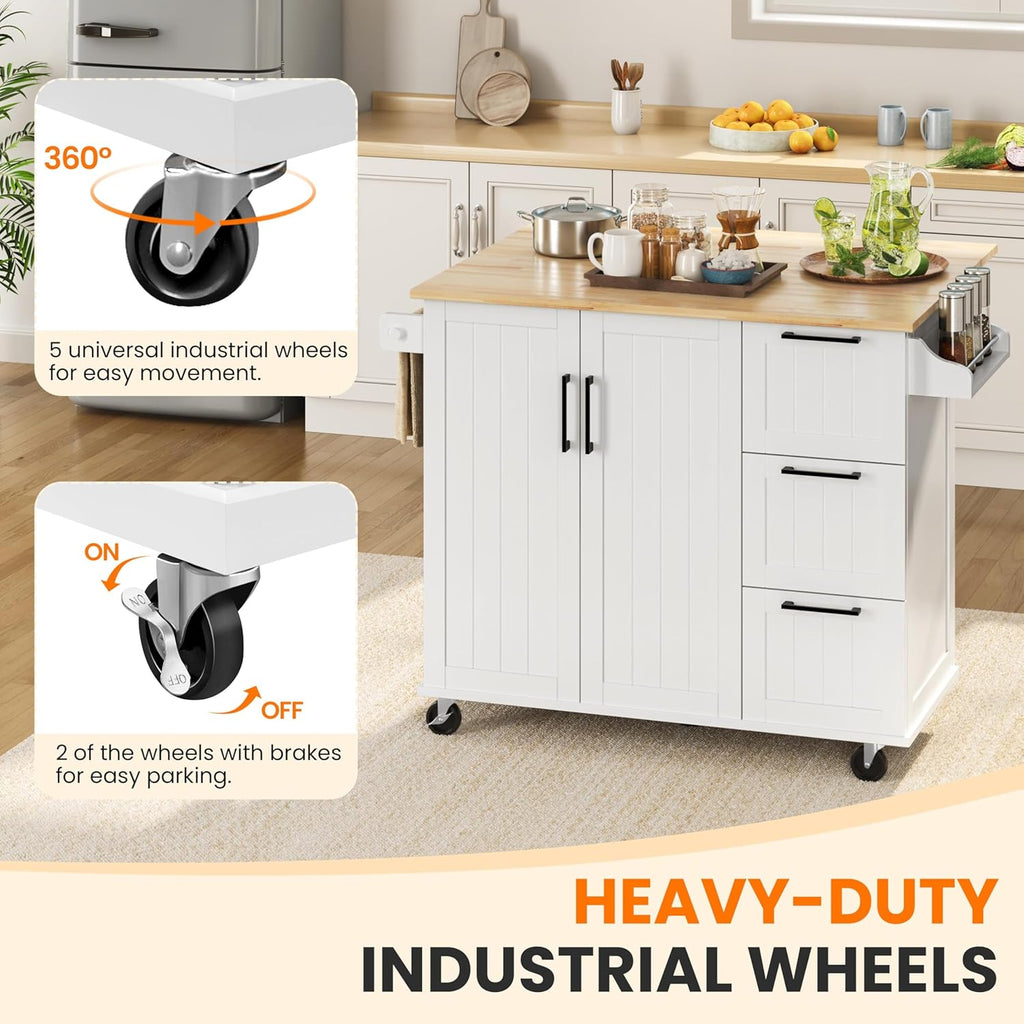 Yaheetech Kitchen Island Cart with Drop Leaf, Kitchen Breakfast Bar on 5 Universal Wheels with Storage Cabinet, Rubberwood Top, 3 Drawers, Spice Rack for Dining Room, 49W x 29.5D x 36H, White