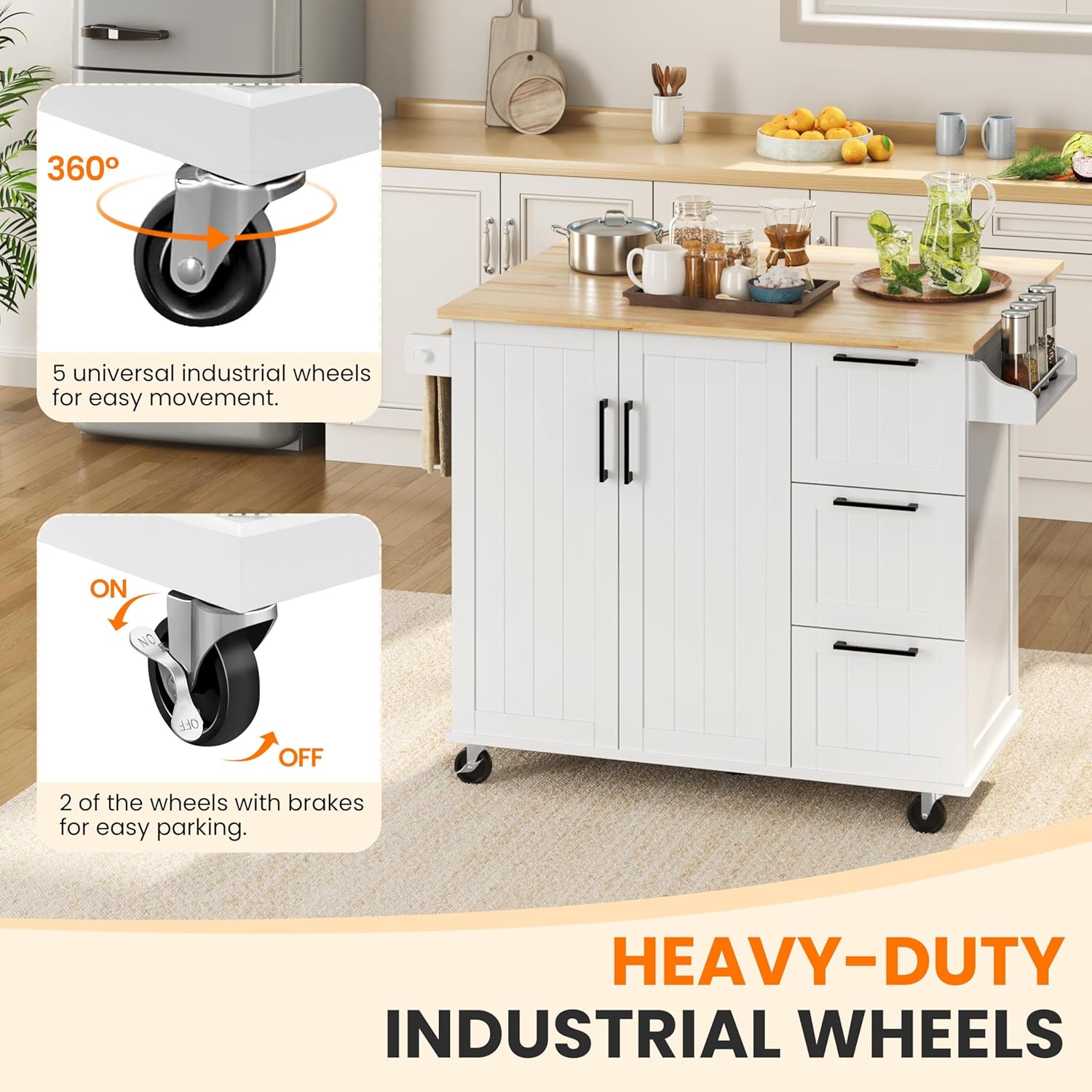 Yaheetech Kitchen Island Cart with Drop Leaf, Kitchen Breakfast Bar on 5 Universal Wheels with Storage Cabinet, Rubberwood Top, 3 Drawers, Spice Rack for Dining Room, 49W x 29.5D x 36H, White