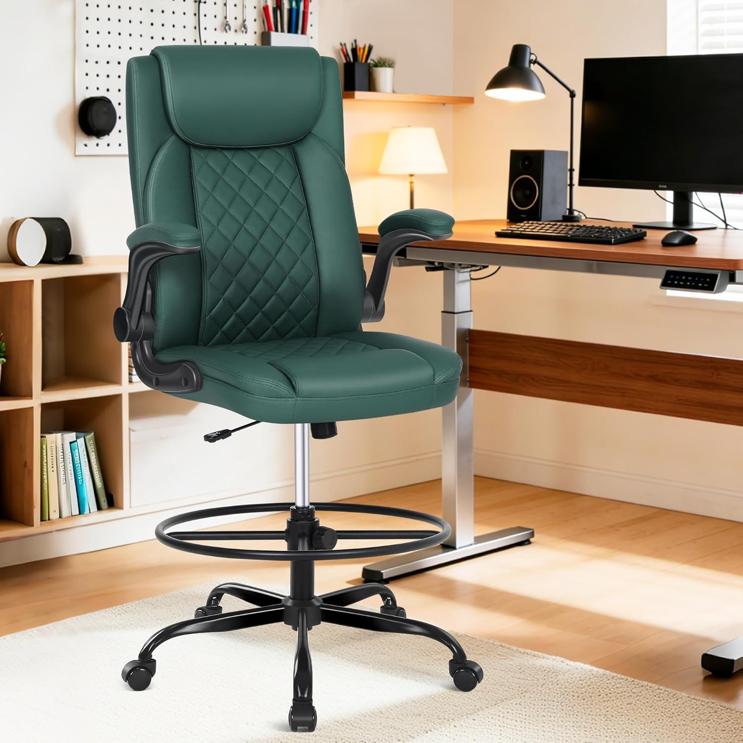 Misolant Drafting Chair, Tall Office Chair for Standing Desk, PU Leather Counter Computer Chairs with Adjustable Height, Rocking Function, 360° Swivel Wheels for Bar Office