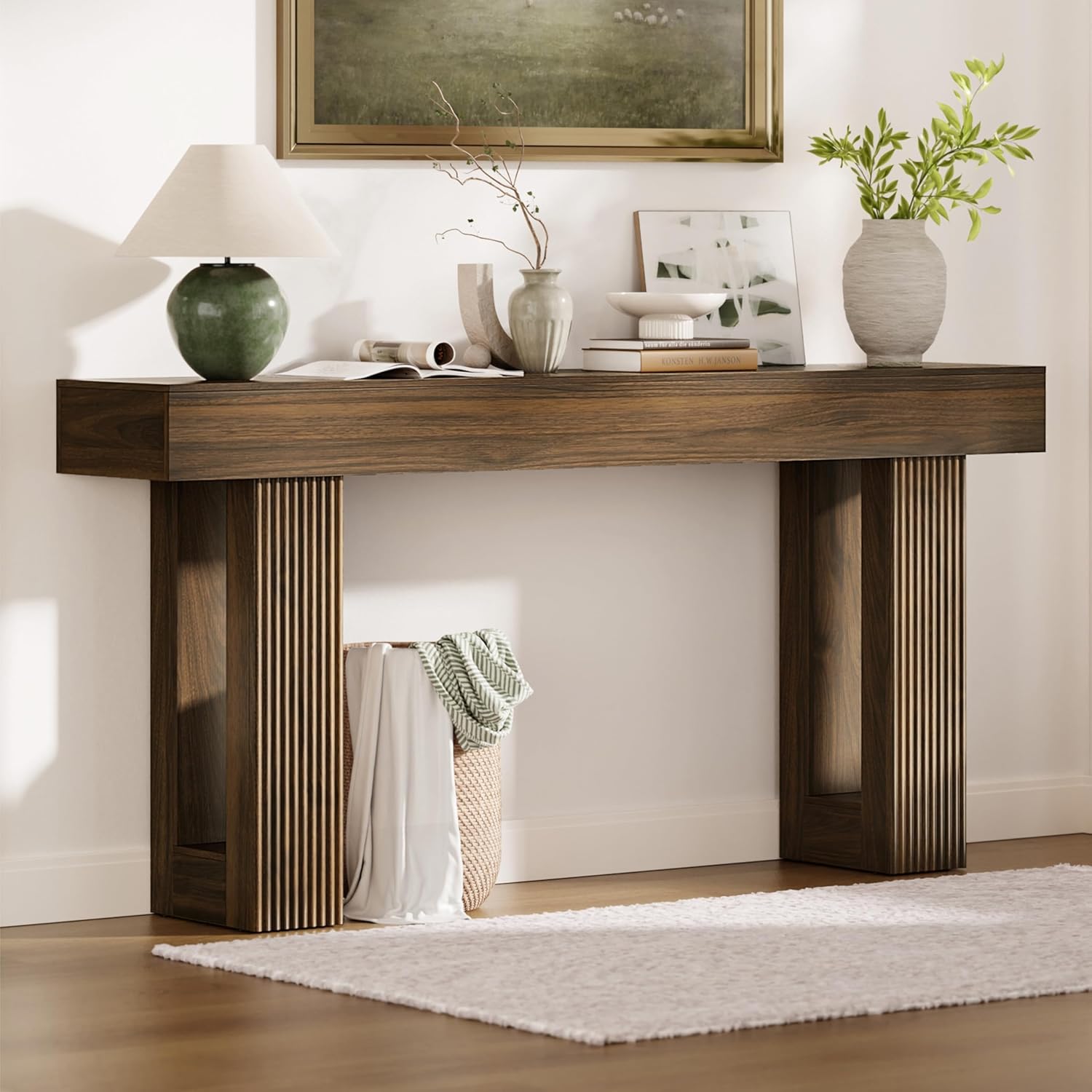 63" L x 33" H x 12" D Fluted Console Table, Ribbed Entryway Table, Mid Century Modern Japandi Sofa Table Behind Couch, Chunky Wood Hallway Table for Living Room, Walnut Brown