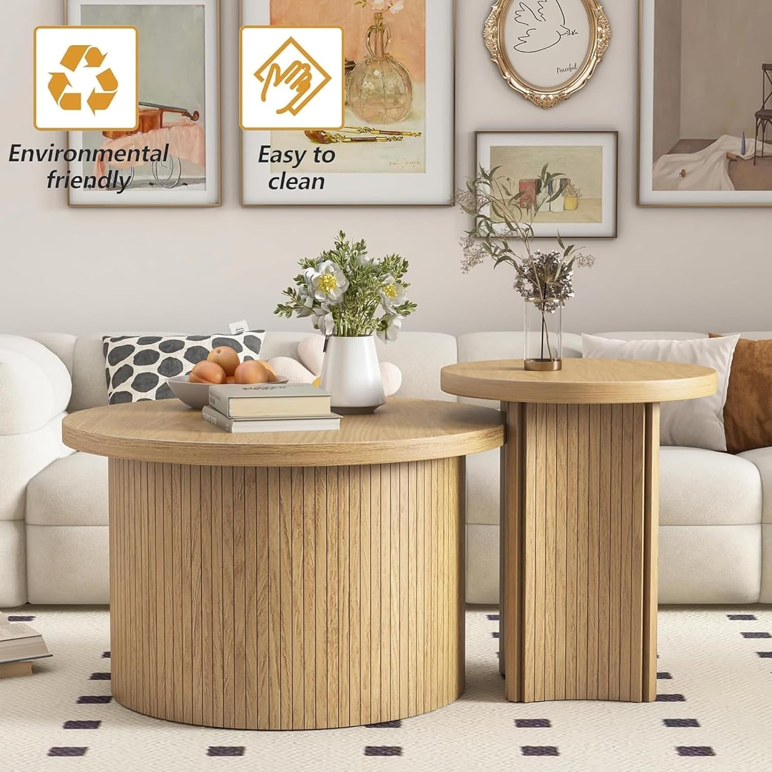 Mxtxmy Set of 2 Nesting Coffee Tables Farmhouse,Round Coffee Table Living Room,Wood Finish Coffee Table Set, Small Coffee Tables, Sofa Side Living Room Bedroom Coffee Side Table (Large Size - Set)