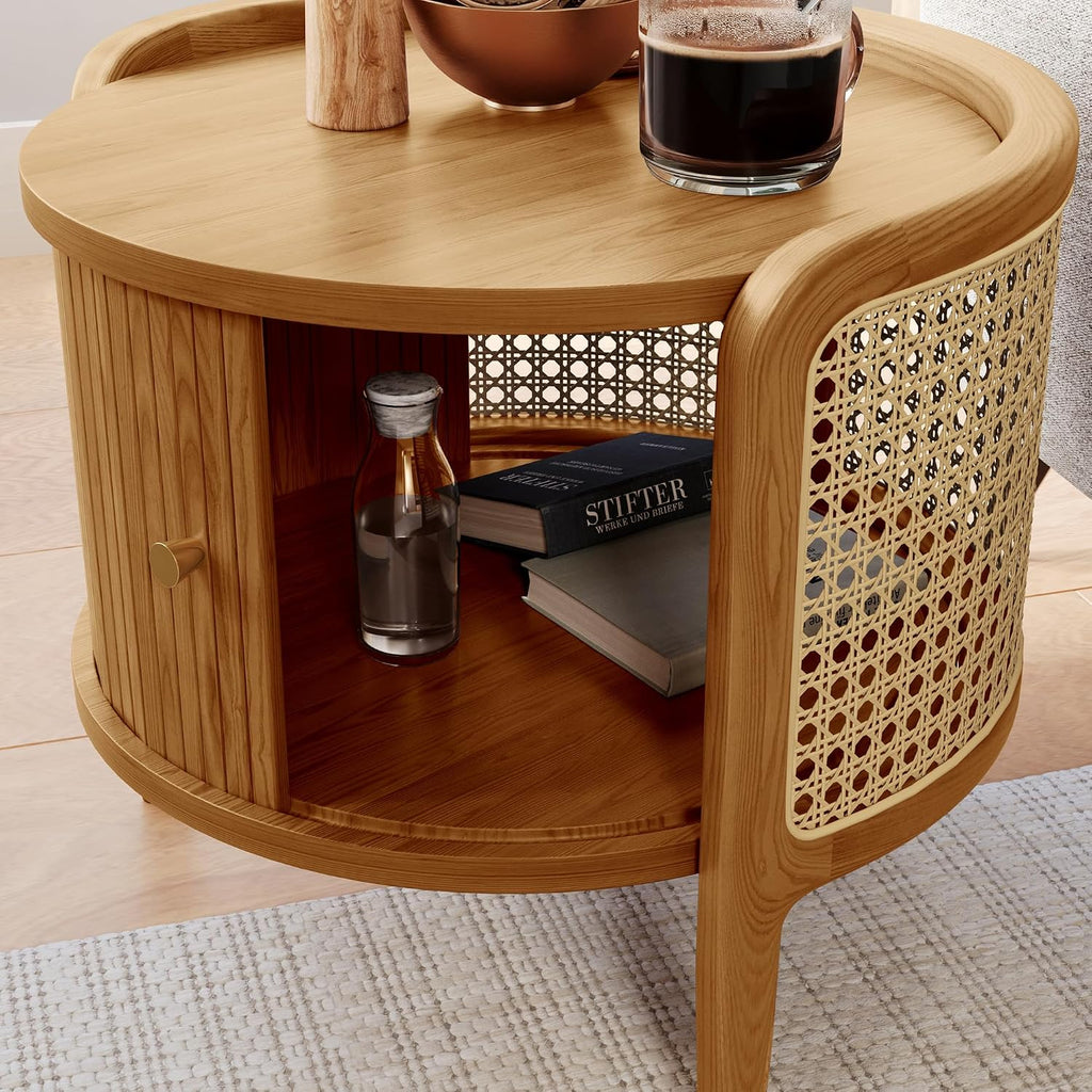 POVISON Rattan Side Table, Table with Roller Door & Woven Rattan, 19.69" Round End Table with Storage, Nightstand Beside Table Drink Table Sofa Table for Home,Walunt
