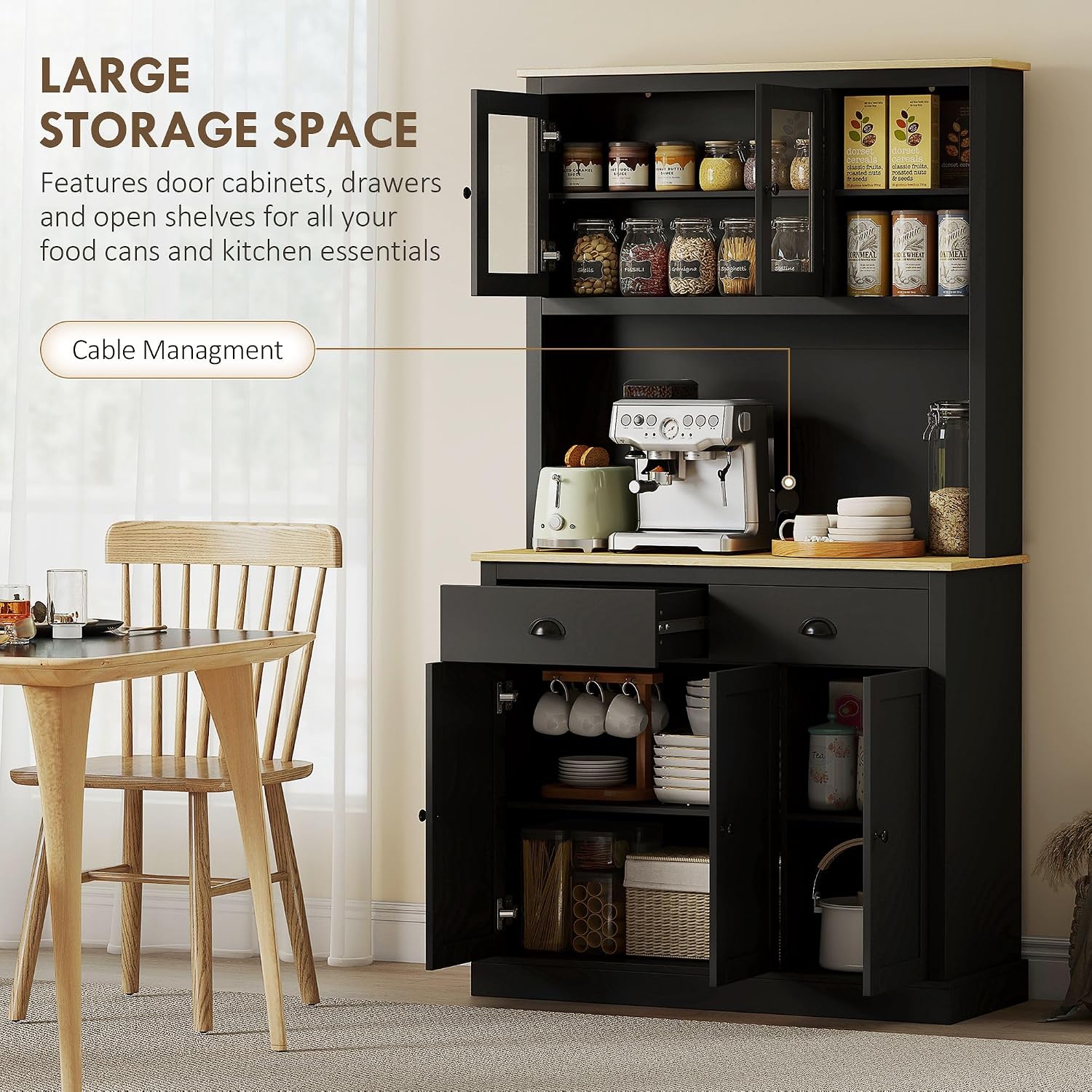 71in Freestanding Pantry Storage Cabinet with Premium Wide Countertop Specification, Adjustable Shelves Optimization, Black Modern Shade
