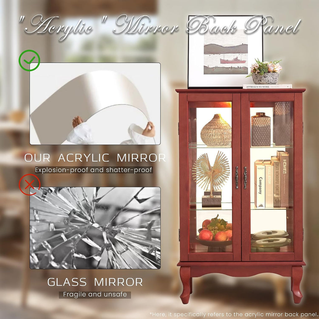 44" Small Lighted Glass Accent Curio Cabinet, Vintage China Cage with 2 Tempered Glass Doors & Adjustable Shelves, Acrylic Mirrored Pane, Elegant Wine Artwork Showcase Rack for Living Room (Cherry)