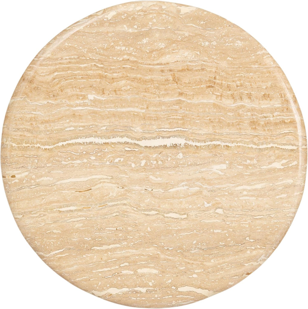 Kate and Laurel Engles Traditional Adjustable-Height Pedestal Drink Table, 10 x 10 x 30, Natural Travertine and Bronze, Round Metal Mini Table for Indoor Plant Stand with Authentic Stone Tabletop