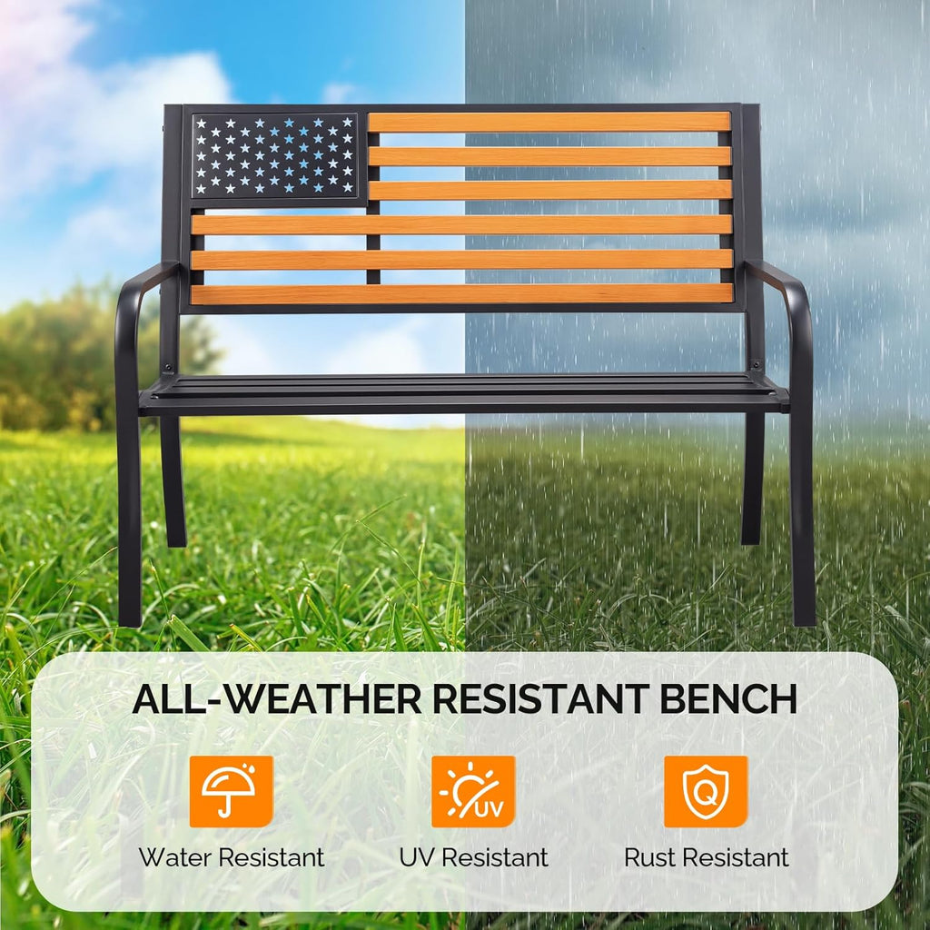 VINGLI Outdoor Metal Bench, 50in Weatherproof Garden Bench w/American Flag Style, 2-Person Sturdy Steel Patio Bench for Front Porch Yard Park