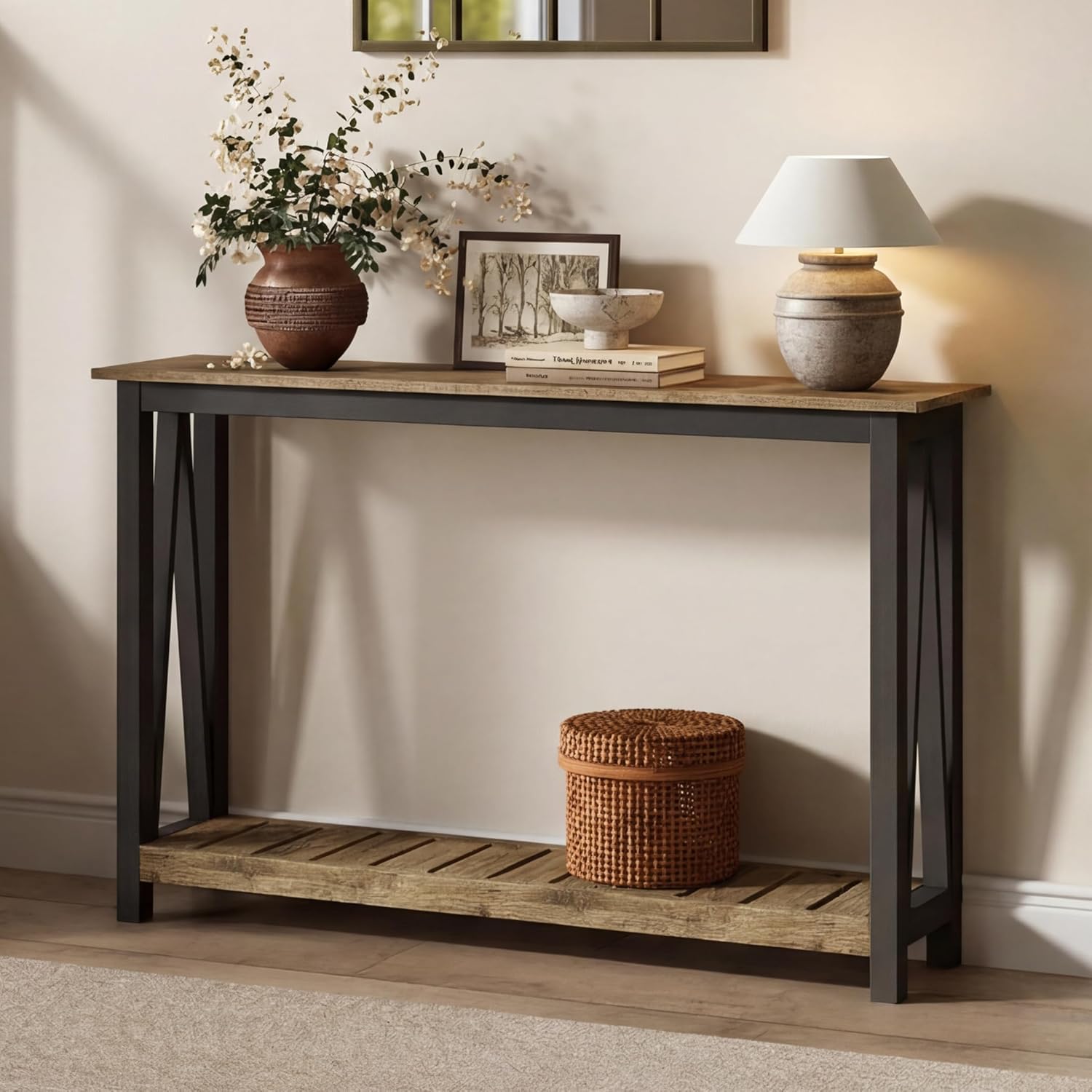 ChooChoo Farmhouse Console Table, Rustic Vintage Narrow Sofa Table for Entryway, Living Room, Hallway, 47 Rustic Oak & Black