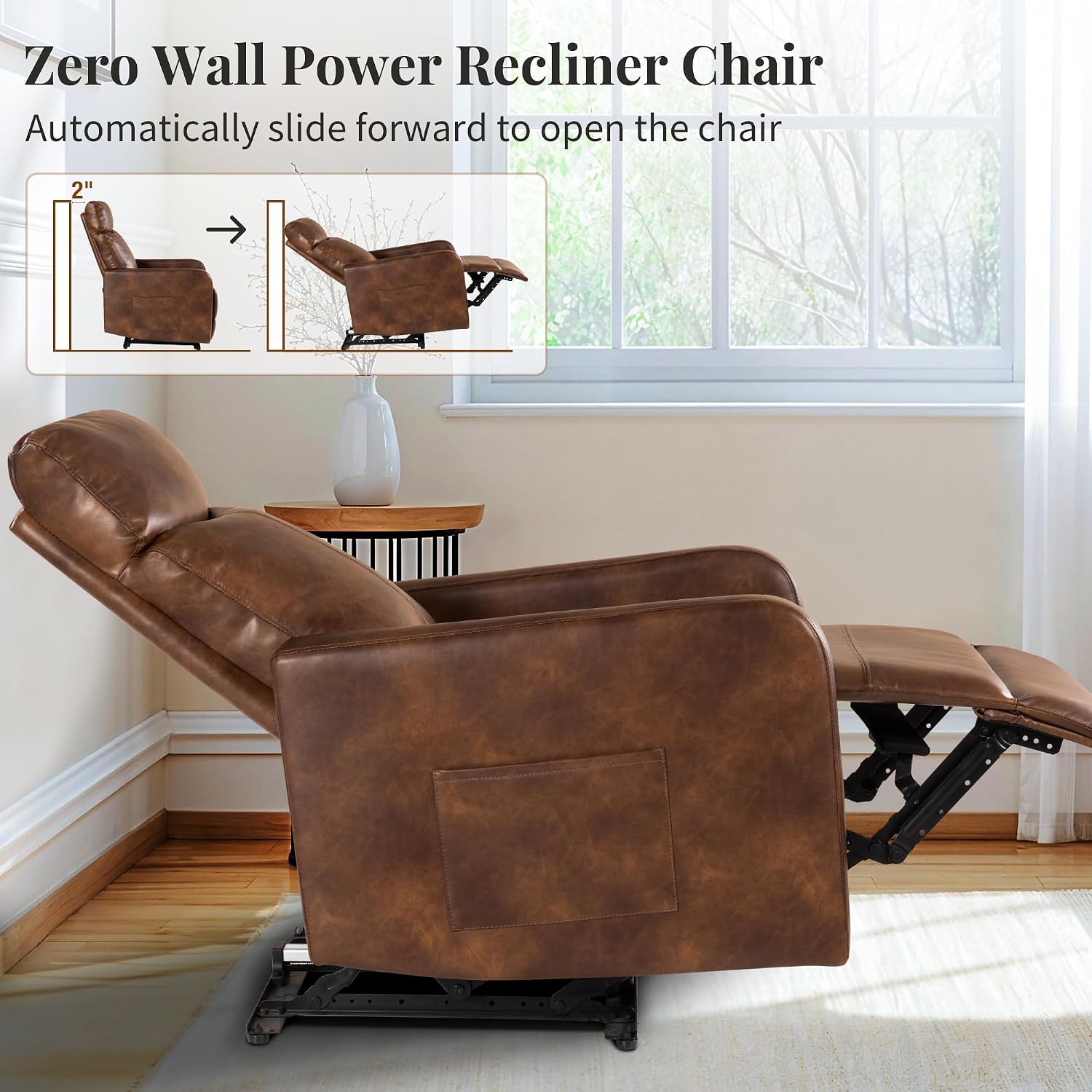 Zero Wall Power Recliner Chairs, Small Recliner for Small Spaces and Petite People Man Woman (1, Faux Leather Light Brown)