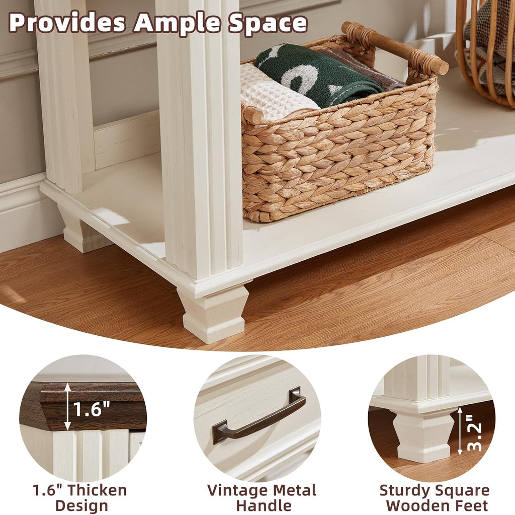 SAVOR LIFE Farmhouse 46" Console Table with 2 Drawers, Rustic Wood 2 Tier Entryway Table with Open Storage Shelf for Entry, Large Mid-Century Vintage Sofa Tables Behind Couch for Living Room, White