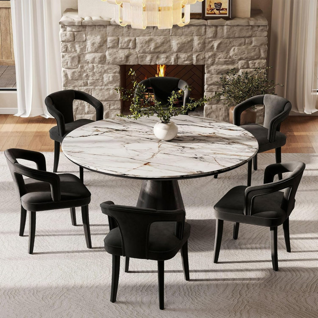 Modern Black Dining Chairs Set of 6, Velvet Upholstered Boucle Dining Chair with Arms, Accent Side Chair for Kitchen & Dining Room Living Room Restaurant Reception