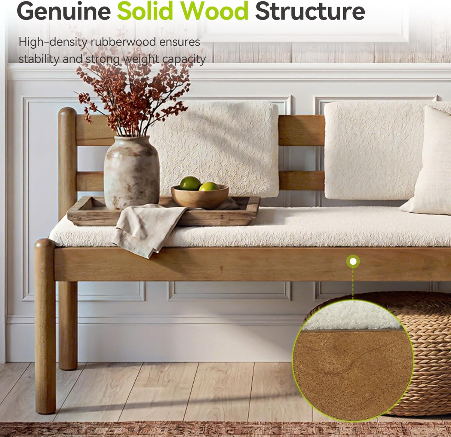 LITTLE TREE Solid Wood Entryway Bench, 49" Dining Bench with Back, Wood Settee Bench with Upholstered Seat, Farmhouse Bedroom Bench for End of Bed, Dining Room, Mudroom, Entryway, White + Walnut Brown