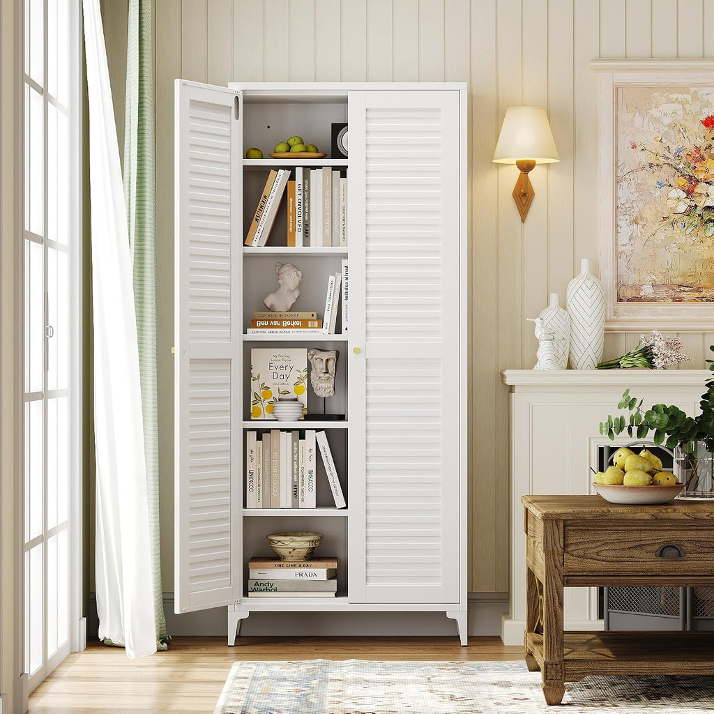 74" H Tall Kitchen Pantry Cabinet with Louvered Doors, Metal Storage Cabinet with 5 Adjustable Shelves, Large Cupboard for Dining Room, Kitchen, Living Room, White, Assembly Required