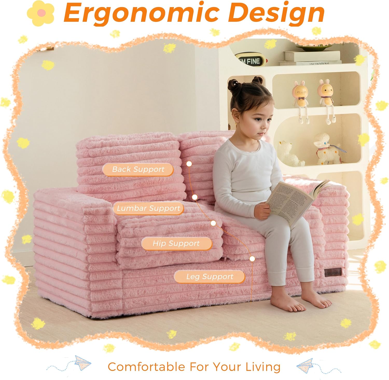 MAXYOYO Extra Wide Kids Bean Bag Chair, Comfy Faux Fur Bean Bag Sofa with Filler, Upholstered Floor Sofa with Pillows and Armrests, Lazy Floor Chair Couch for Boys and Girls, Pink