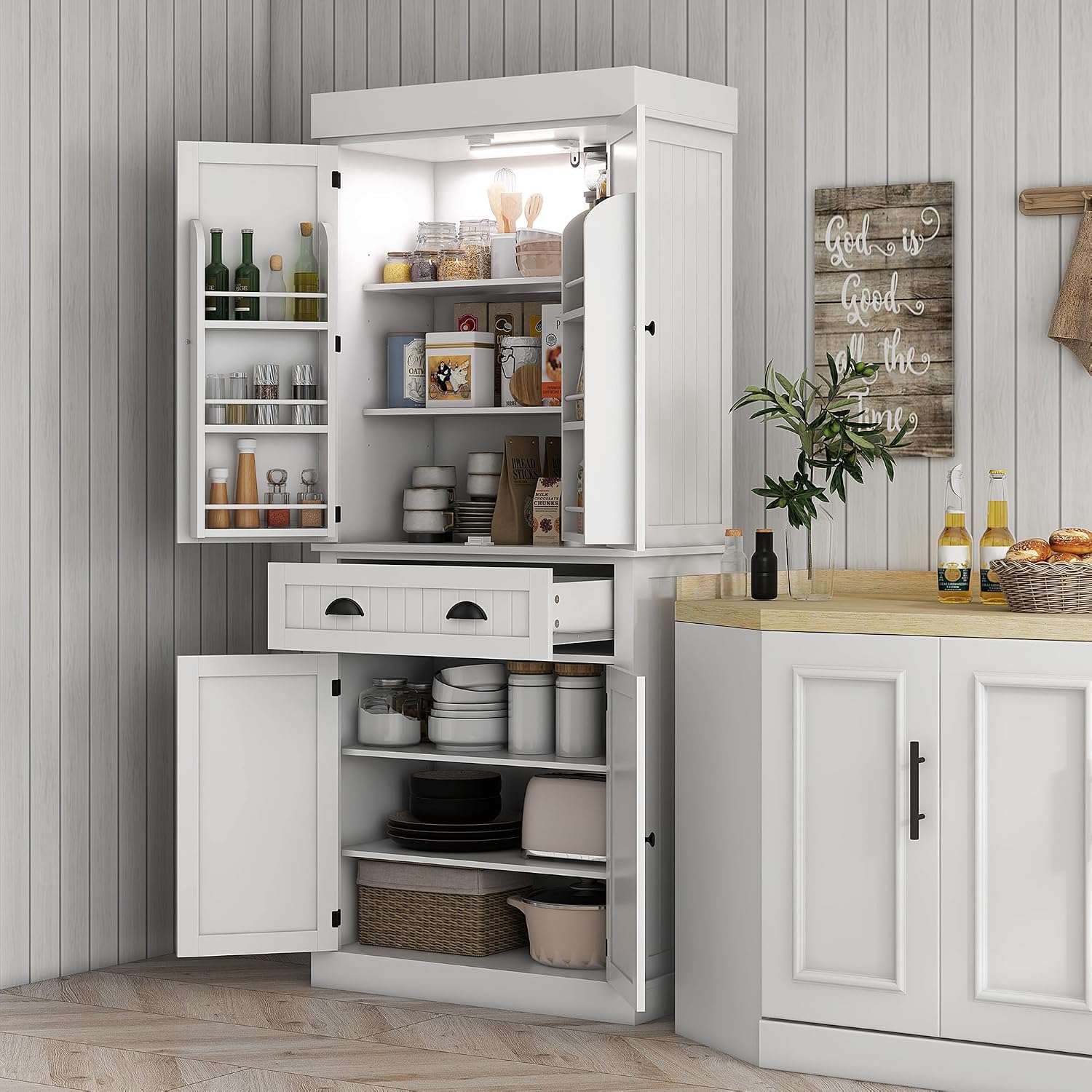 71" Kitchen Pantry Cabinet with Motion Sensor Light, Tall Storage Cabinet with 6 Door Shelves, a Drawer & 4 Adjustable Shelves, for Living Room, Dining Room, White,15.7 * 30.1 * 71.3