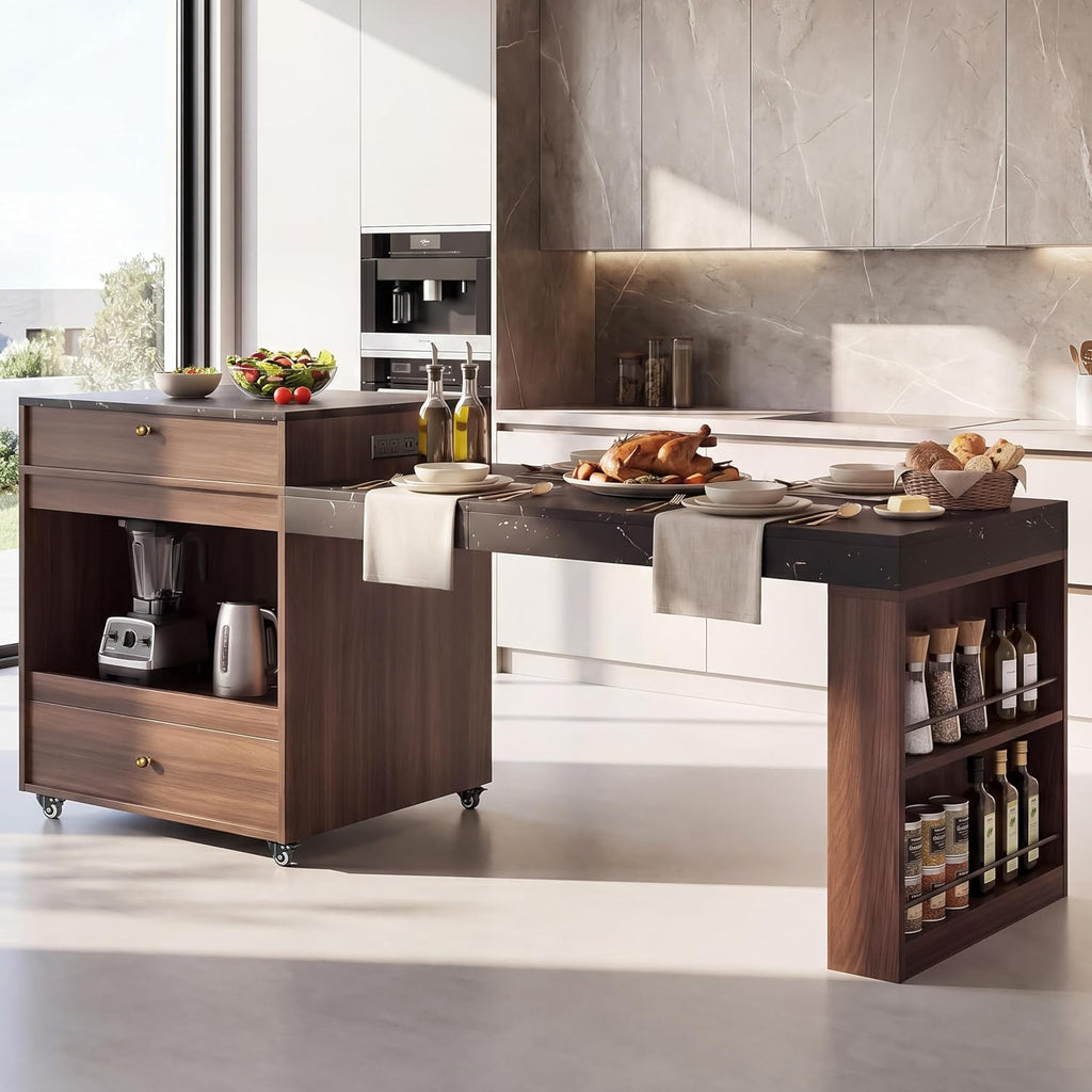 79" Rolling Kitchen Island with 3-Stage Extendable Table, Walnut | Power Outlet, Drawers, Storage Cabinet, Spice Rack, Locking Wheels, Modern Farmhouse Style, Small Kitchen, Dining Room