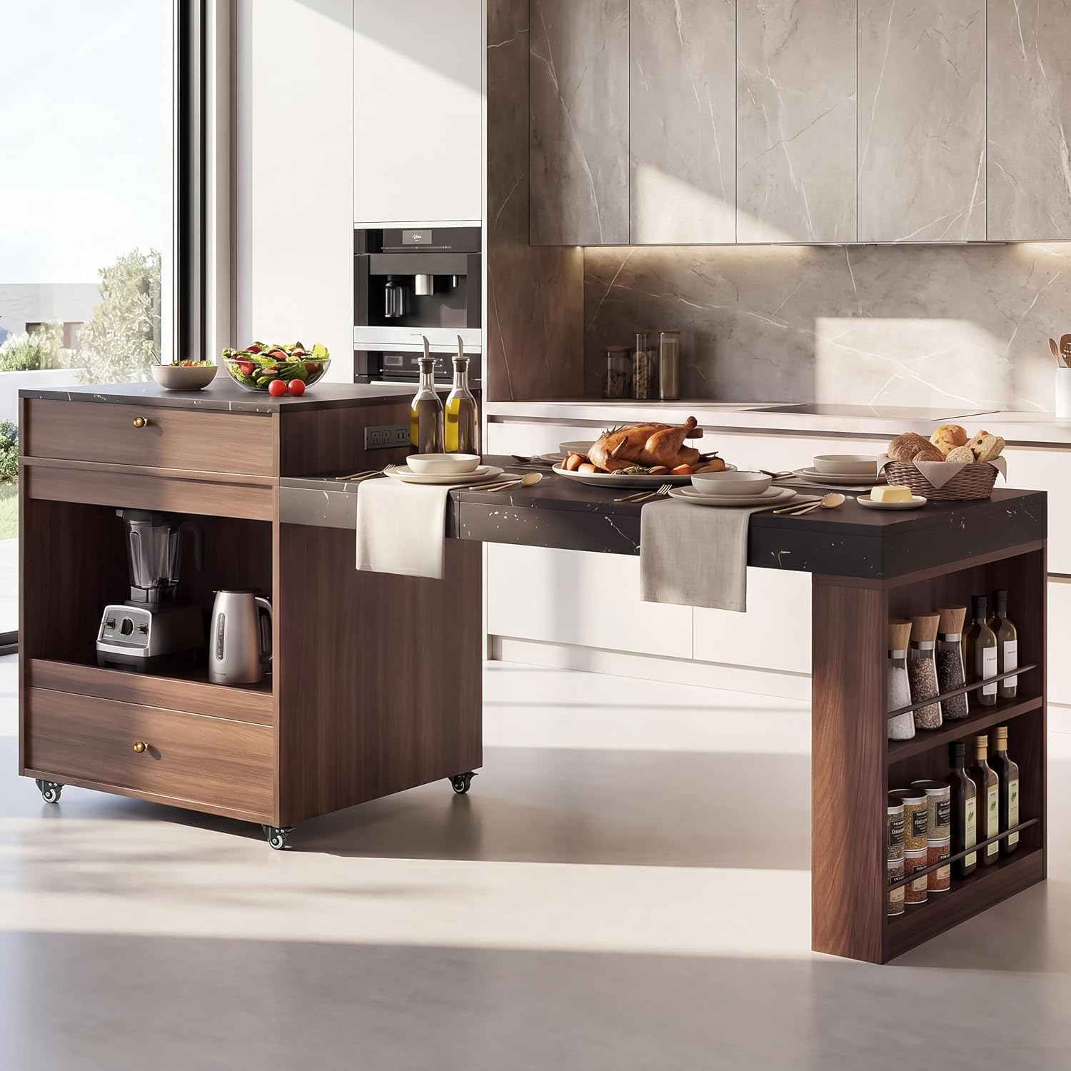 79" Rolling Kitchen Island with 3-Stage Extendable Table, Walnut | Power Outlet, Drawers, Storage Cabinet, Spice Rack, Locking Wheels, Modern Farmhouse Style, Small Kitchen, Dining Room