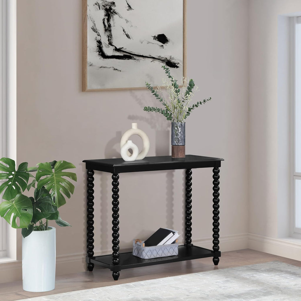 OSP Home Furnishings Elise Cottage Style Table with Spindle Legs, Open Storage Shelf, Foyer Table, Black Finish
