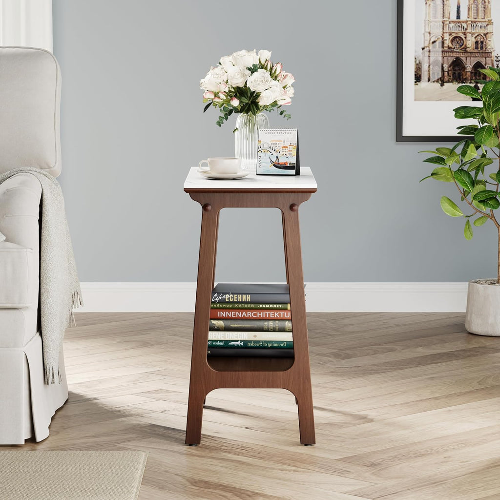 Skinny Side Table Slim Nightstand with Storage Shelf and Marble Top, Farmhouse Brown Narrow End Table Small Night Stand Bedside Table for Small Spaces Living Room Bedroom Sofa Couch