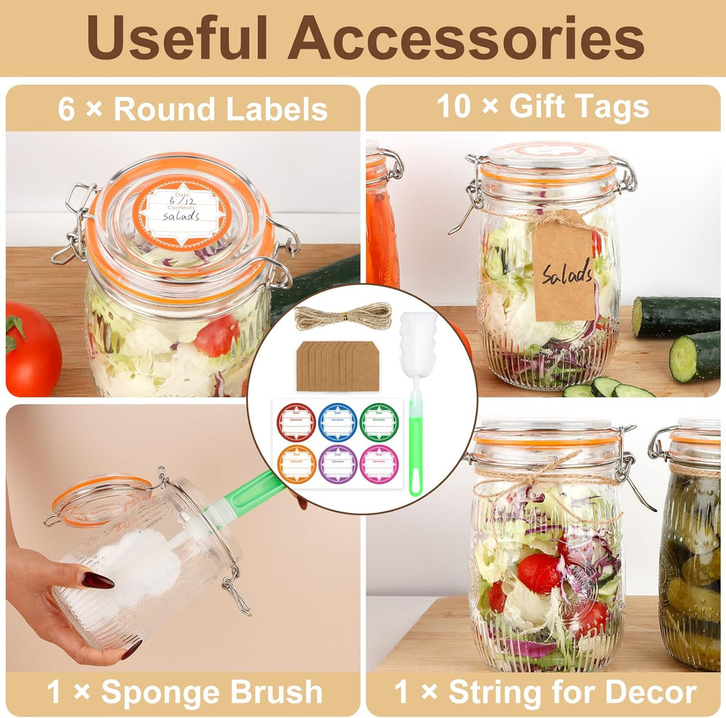 32oz Mason Jars with Airtight Lids, 6 Pack Wide Mouth Canning Jars with Clamp Lid, Quart Glass Canisters for Kitchen Storage, Pickling, Coffee, Cereal, Sugar, Flour, Beans