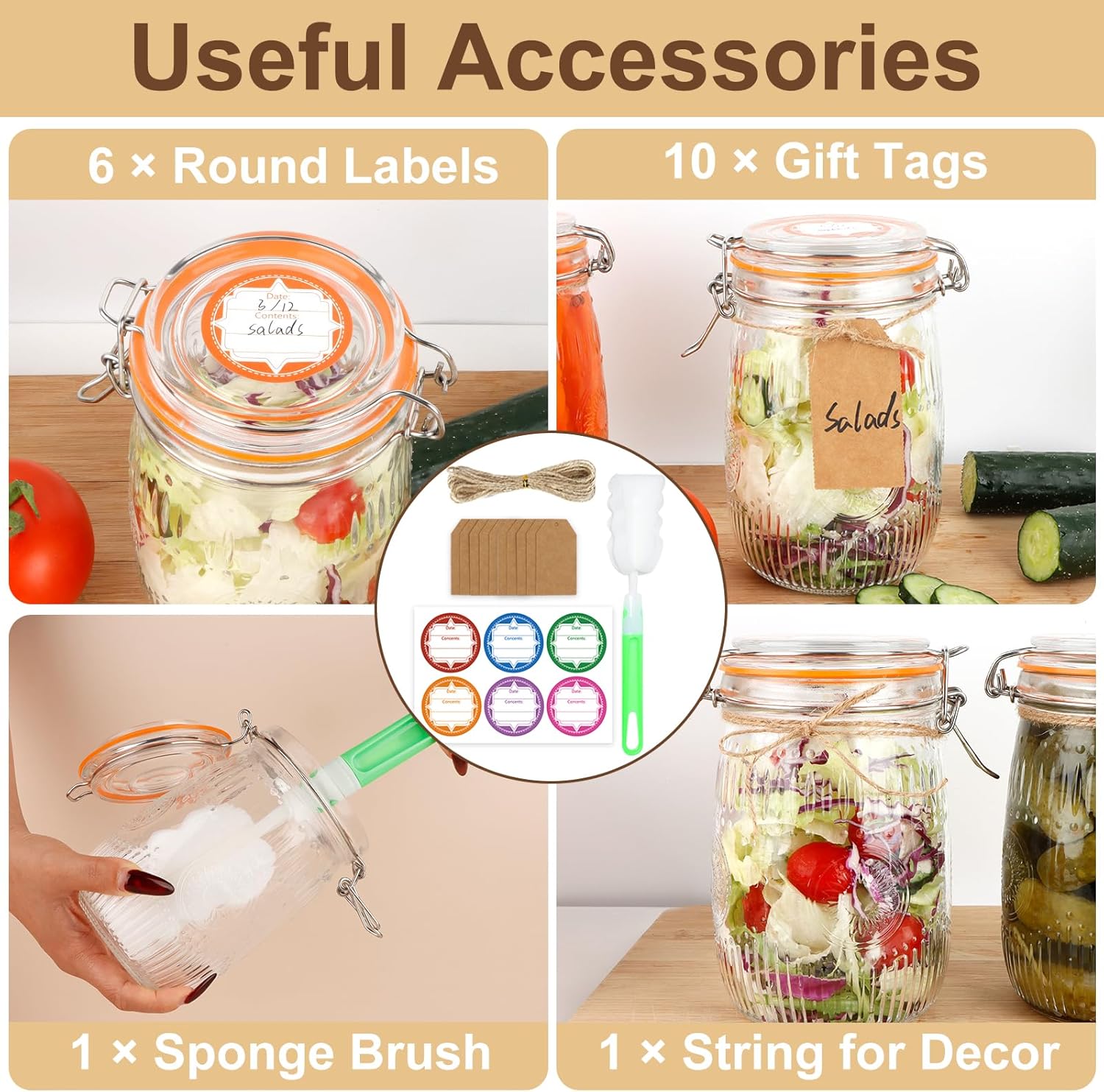 32oz Mason Jars with Airtight Lids, 6 Pack Wide Mouth Canning Jars with Clamp Lid, Quart Glass Canisters for Kitchen Storage, Pickling, Coffee, Cereal, Sugar, Flour, Beans