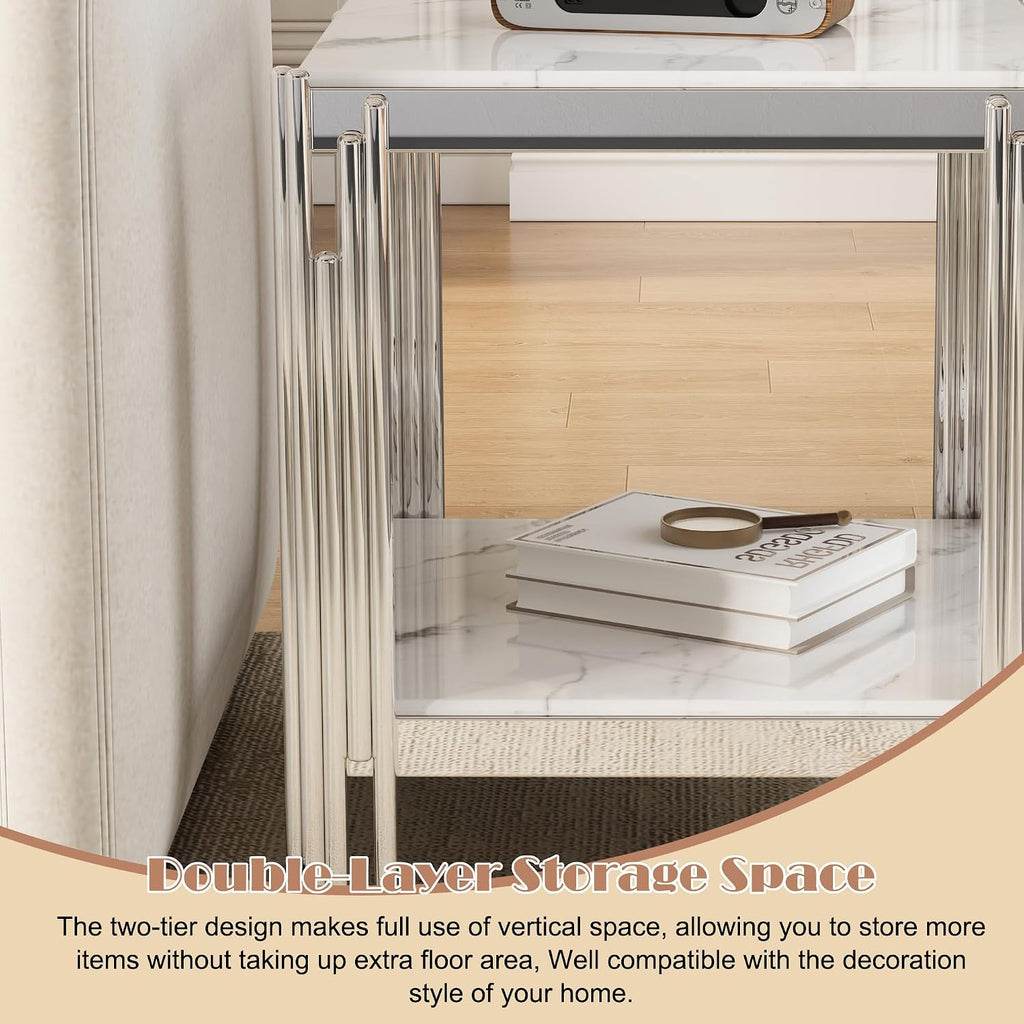 19" White Marble Side Table, 2-Tier Square Modern End Table with Silver Stainless Steel Metal Leg, Luxury Small Sofa Table for Living Room, Home Office