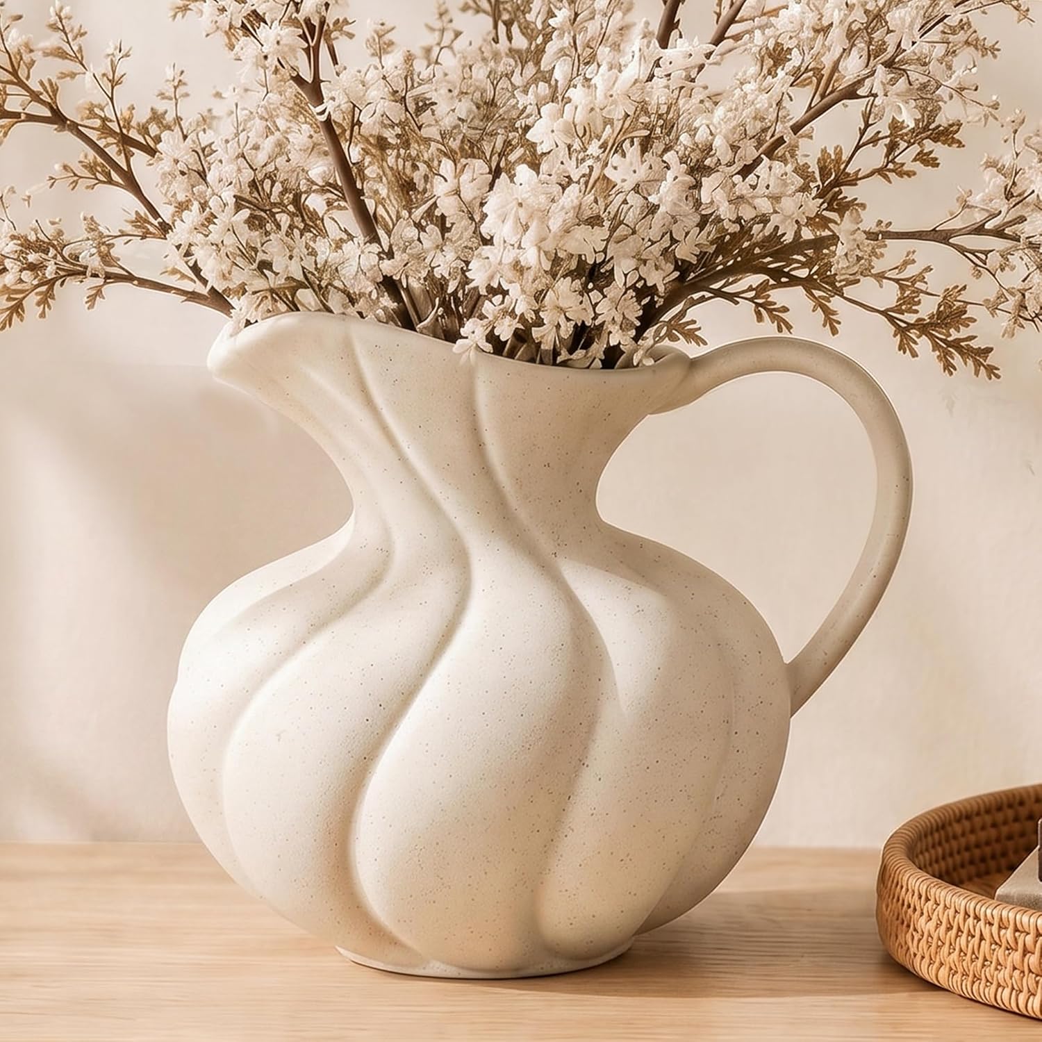 Large Ceramic Flower Vase Home Decor - Farmhouse Table Vases | Rustic Vintage Living Room Kitchen Bedroom Decorations for House Book Shelf Office Coffee Desk Dining Fireplace