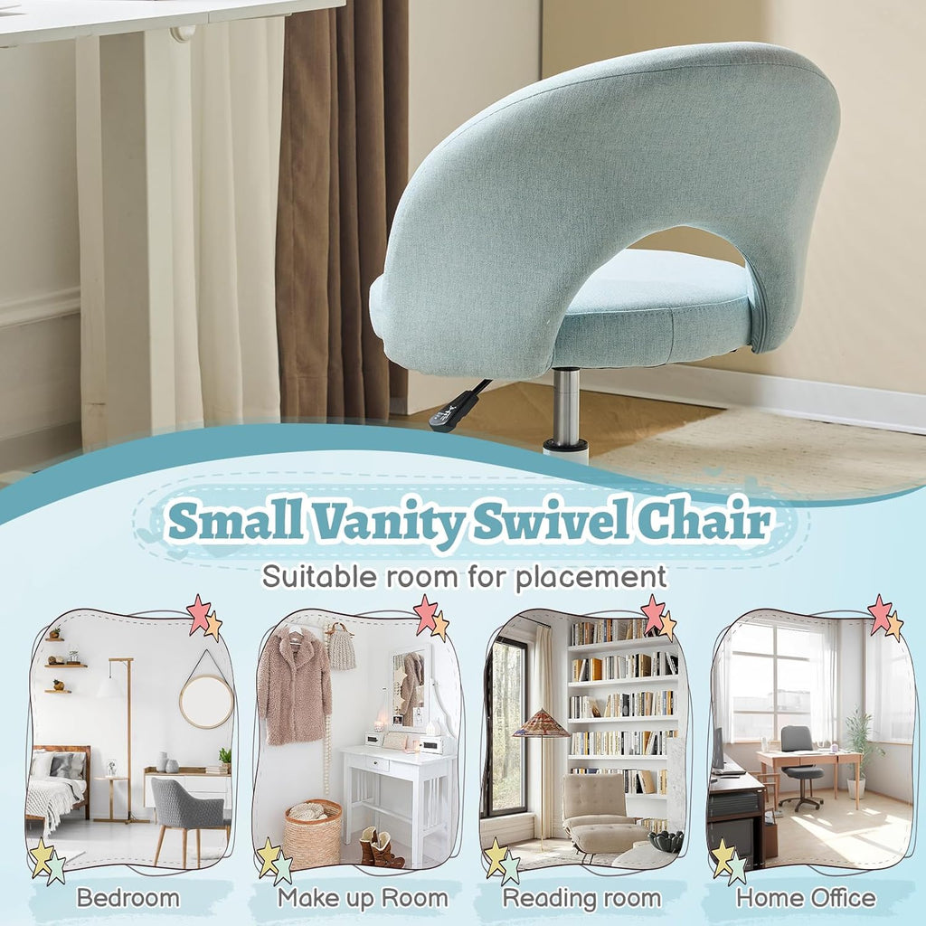 VINGLI Small Vanity Chair with Wheels for Girls.Cute Modern Adjustable Height Armless Office Desk Chair.360°Swivel Comfy Rolling Chair for Study, Make up Room,Small Space,Linen Light Blue