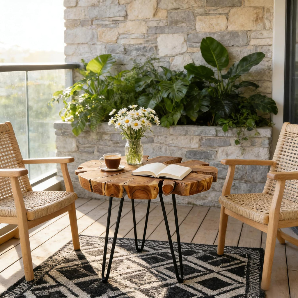 DUHOME Natural Live Edge Side Table - One-of-a-Kind Solid Wood Slab with Unique Shape, Grain & Cracks, Black Hairpin Legs, Rustic Boho Side Table for Living Room, Bedroom, Sofa