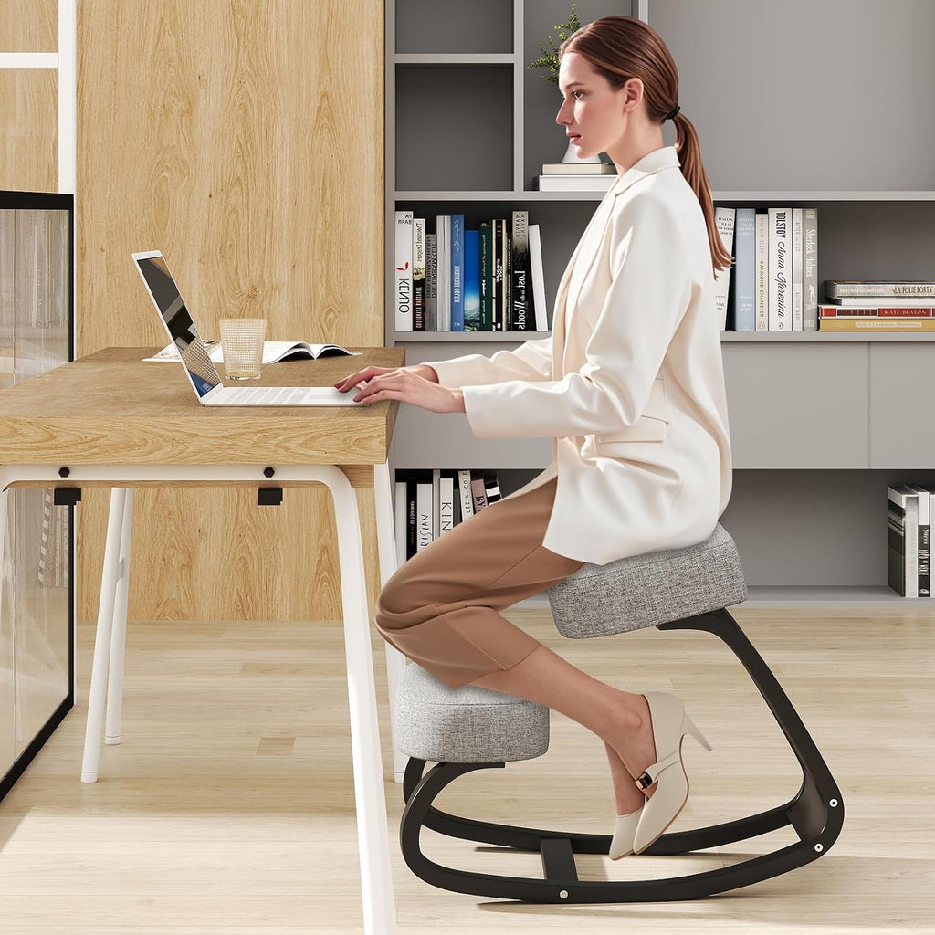 Goplus Ergonomic Kneeling Chair, Rocking Posture Chair w/Soft Seat & Pads, Wooden Backless Knee Chair for Home Office Study