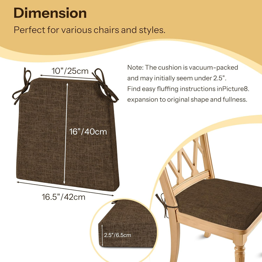 2.5 Inch Thick Dining Chair Cushions Set of 4 with Ties Non-Slip 16.5" x 16" Seat Cushions with Machine Washable Cover Comfy D-Shaped Kitchen Chair Pads Brown